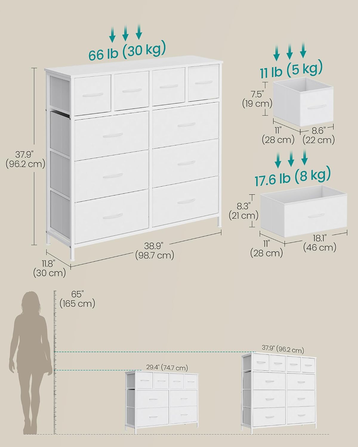 Detalle de SONGMICS ULGS236W101S 10-Drawer Fabric Dresser, Cloud White, Steel Frame