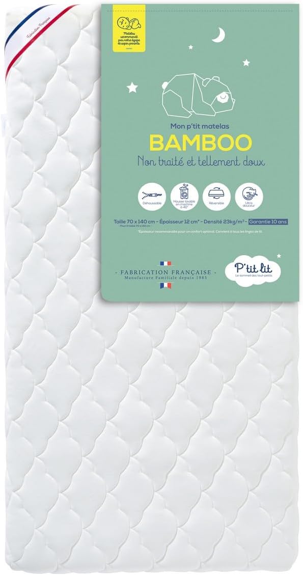 Thumbnail 1 de P'TIT LIT Matelas Bébé Bamboo 60x120 cm — Visco doux, déhoussable et fabrication Française