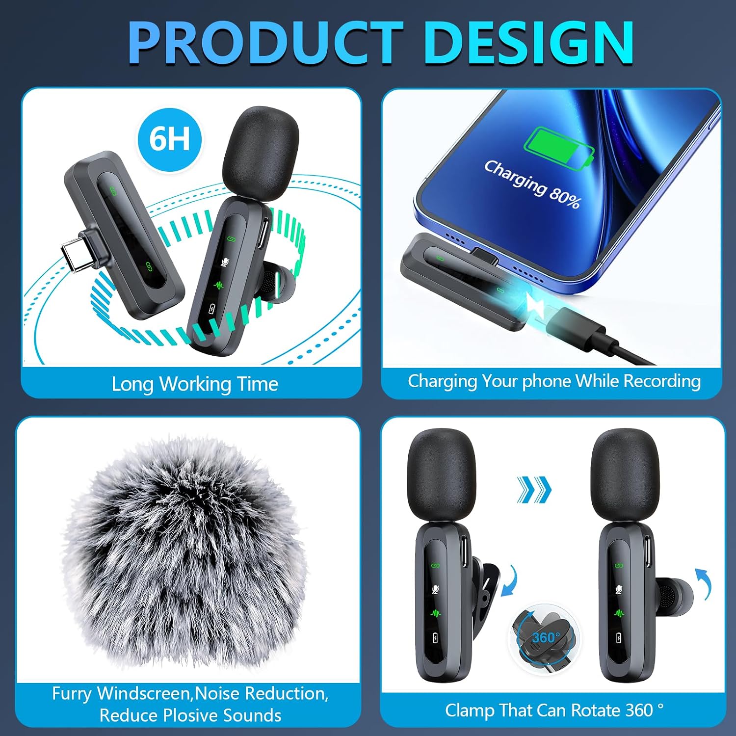Detalle 2 de RICCHI J1 Wireless Lavalier Microphone, 2 Mics, USB-C and Lightning