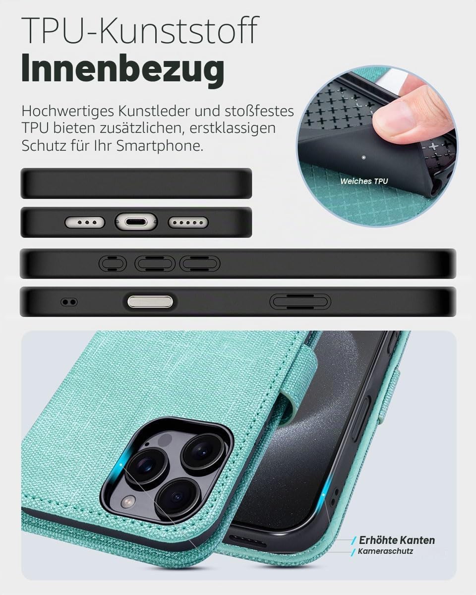 Detalle de OCASE iPhone 16 Pro Hülle mit Kartenfach, Standfunktion & RFID-Schutz (PU-Leder) – Klapphülle für 6,3 Zoll
