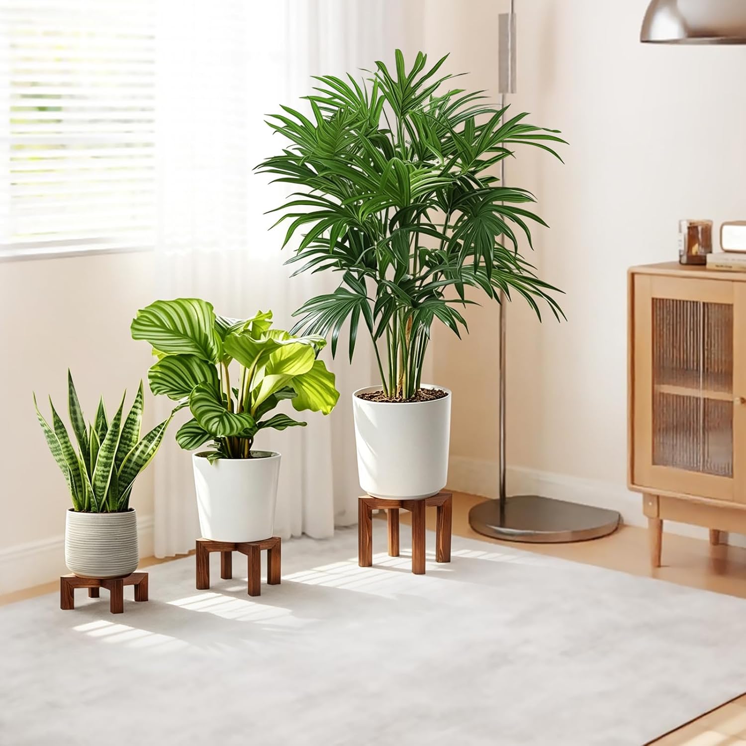 Detalle 2 de Yedcxup plantenstandaards van hout, set van 3 in drie hoogtes met X-design