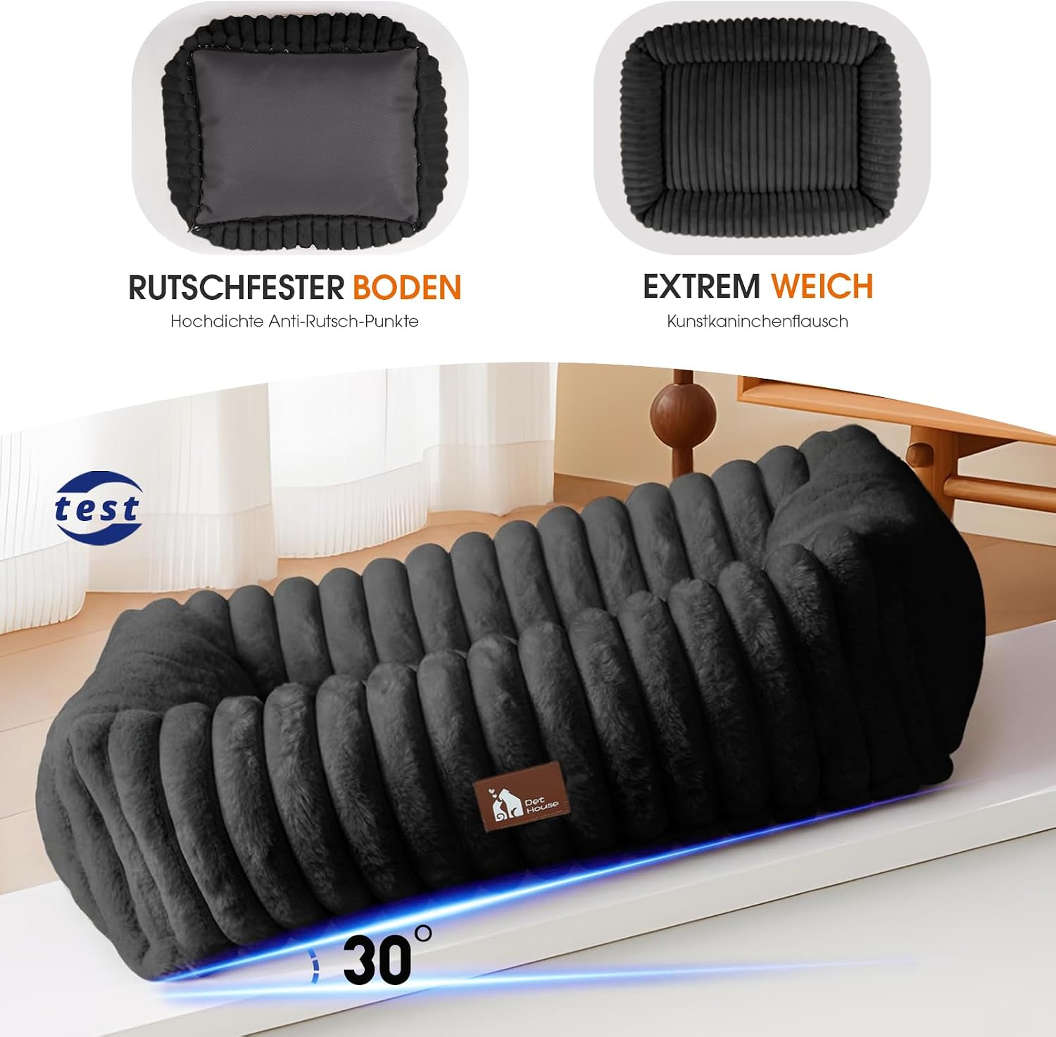 Detalle de Upvilla Luxusweicher Hundekorb – Vier-Seiten-Hundebett mit Memory-Schaum, abnehmbarem Bezug (Schwarz, 92 × 69 × 20 cm)