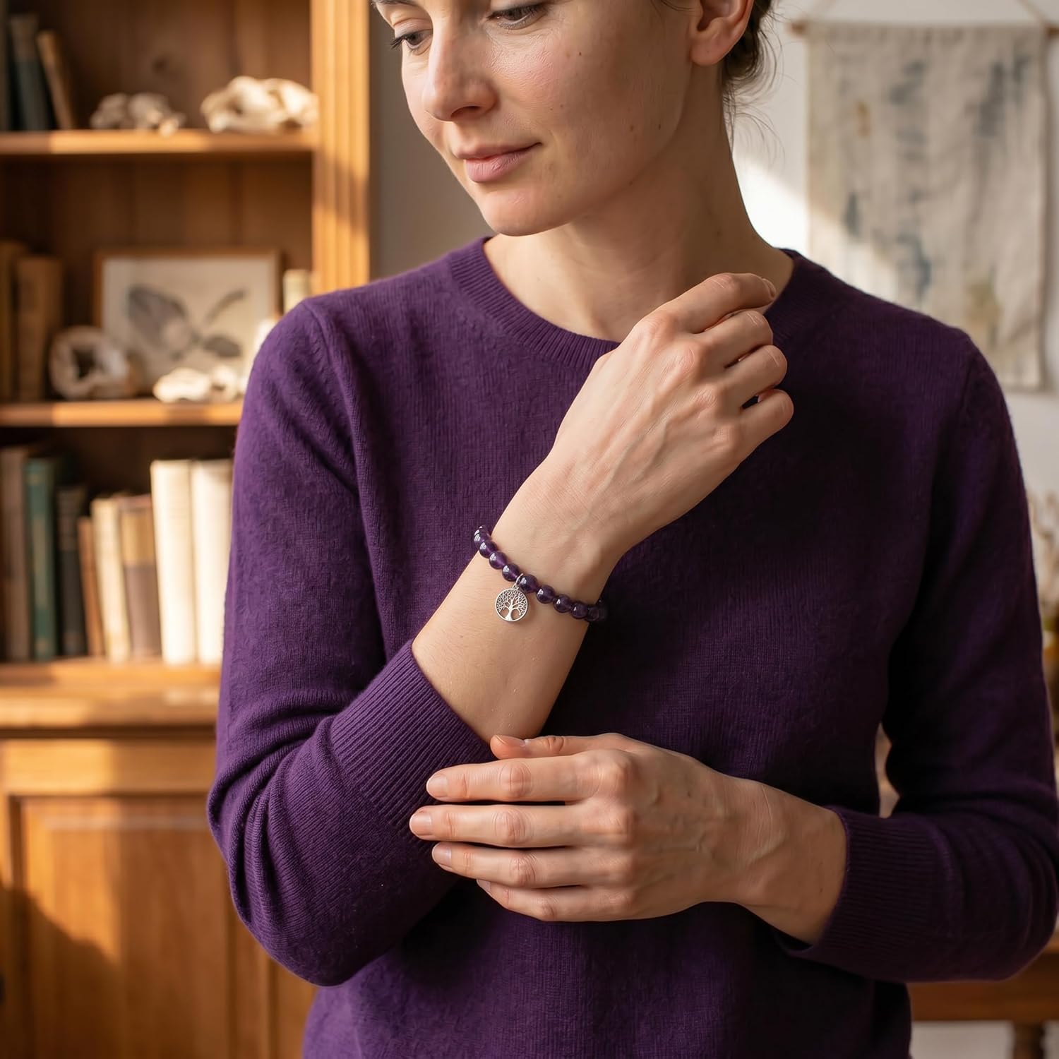 Detalle 2 de Bracciale Donna 10:10 in Pietre Naturali 6mm con Albero della Vita e Zircone — Acciaio Inox Anallergico, Regolabile