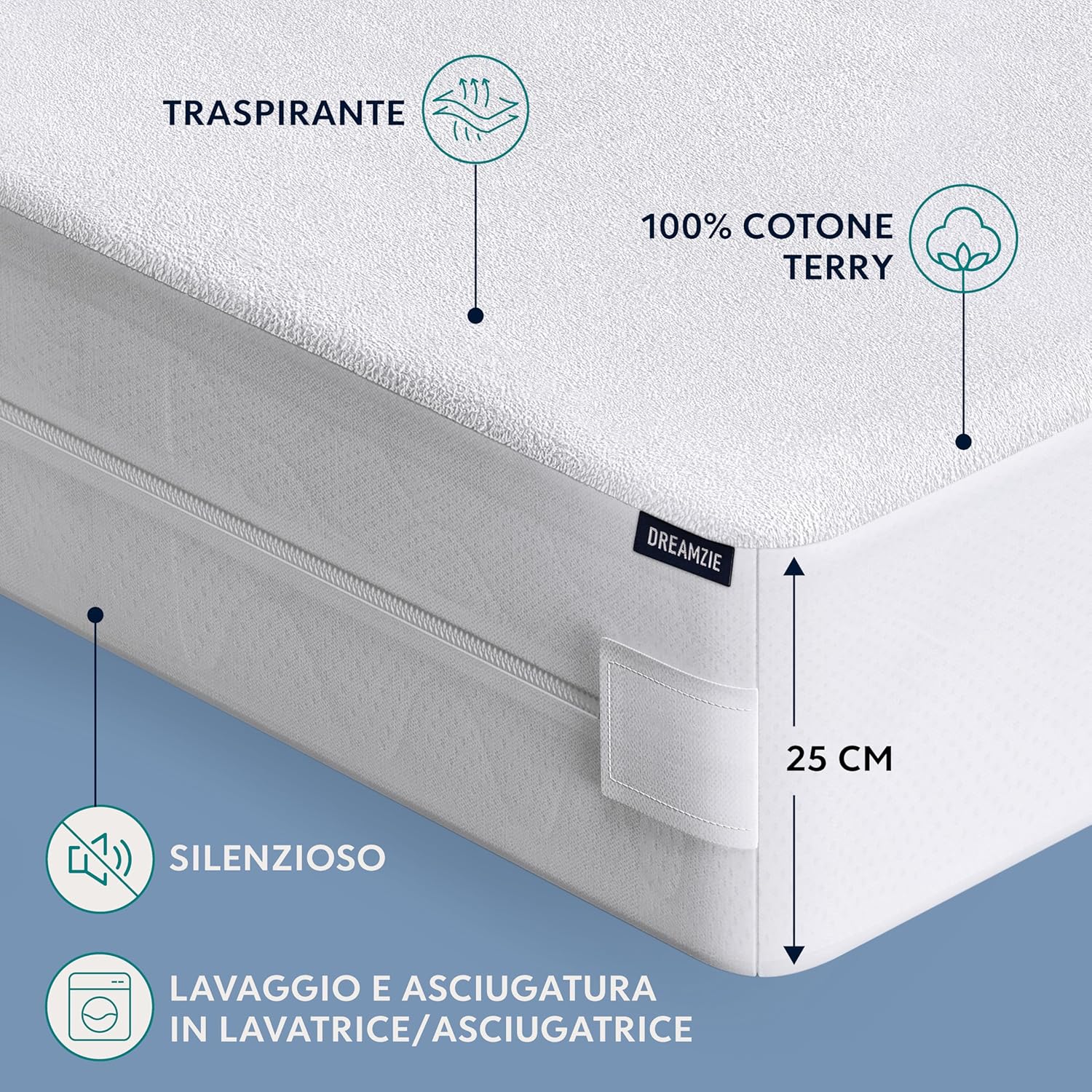 Thumbnail 3 de Dreamzie Coprimaterasso Singolo Impermeabile 90x200x28 cm con Chiusura a Zip a forma di L per Allergici