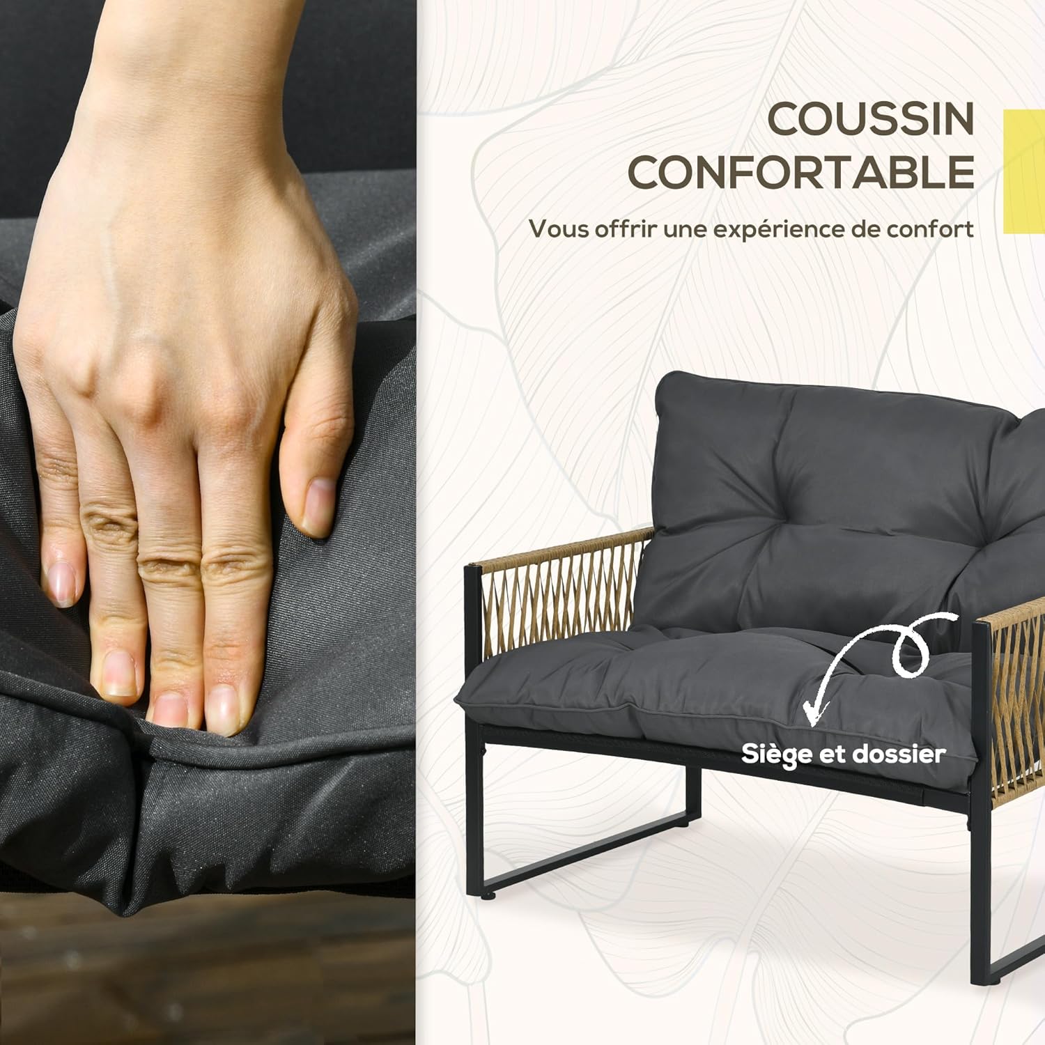 Detalle de Outsunny Salon de Jardin Extérieur 4 Pièces - Canapé 2 Places, 2 Fauteuils et Table Basse en Résine Tressée Gris