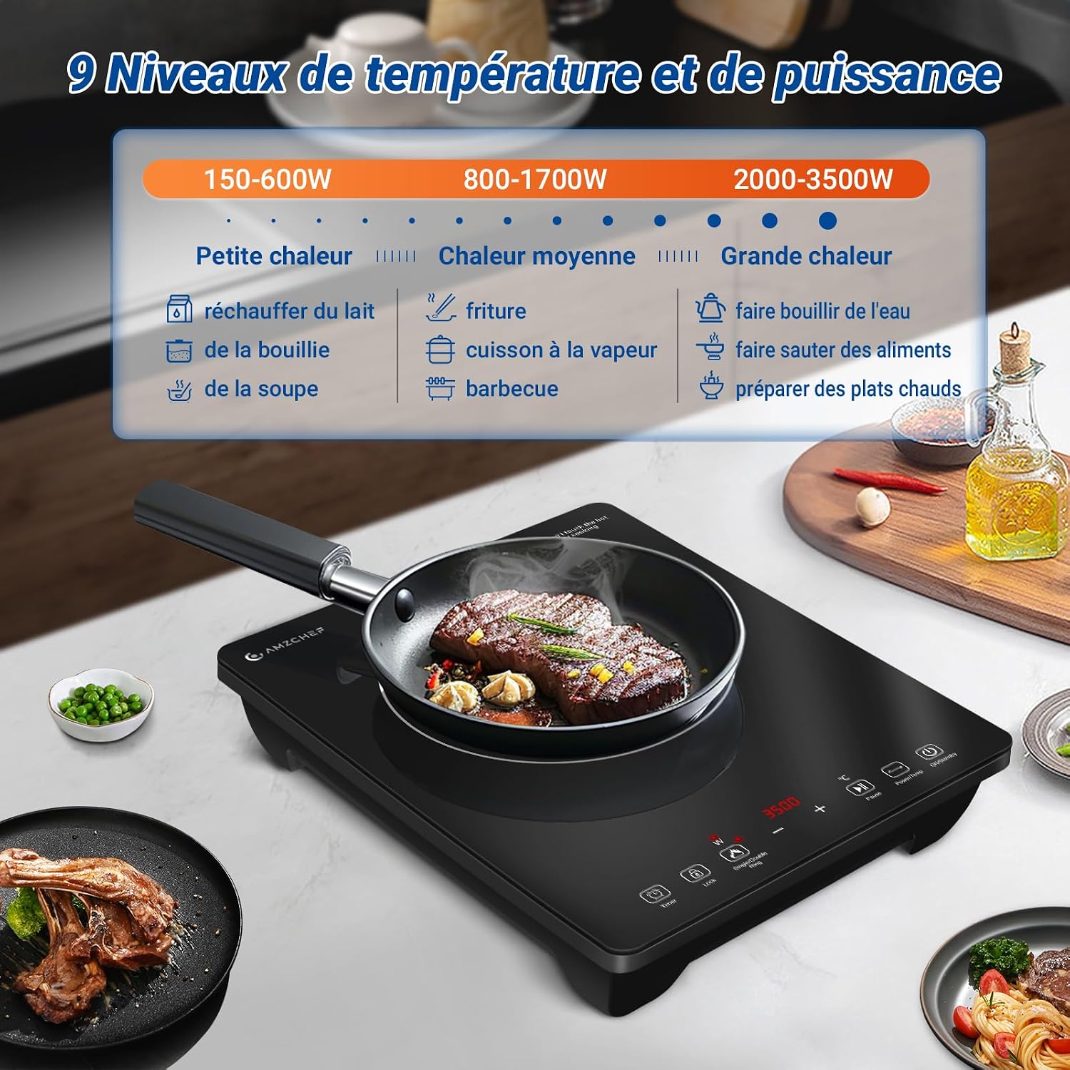 Detalle de AMZCHEF Plaque à Induction 3500W à double anneau — contrôle précis et sécurité renforcée