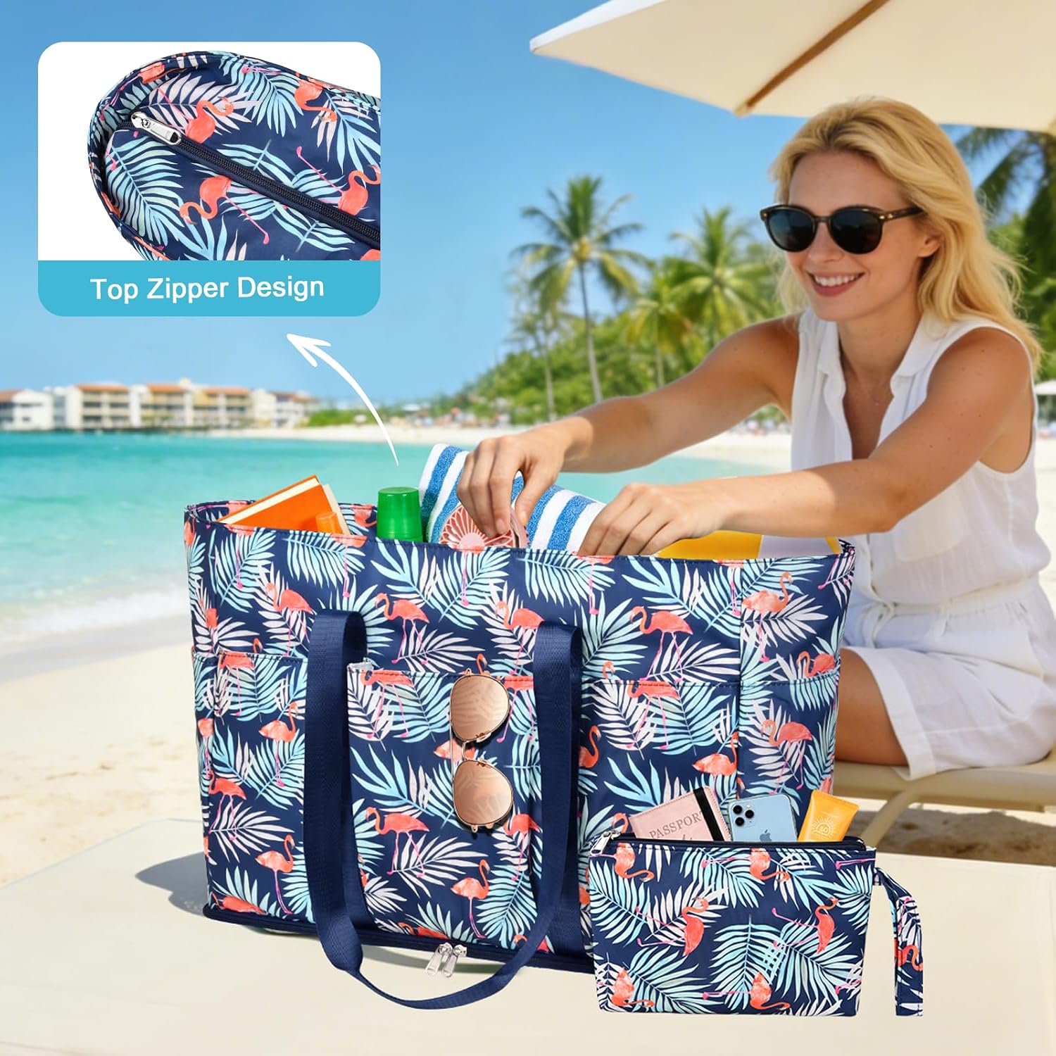 Thumbnail 5 de LUROON Strandtasche XXL Familie mit Reißverschluss – Große, faltbare Badetasche 45L für Strand, Pool & Reisen