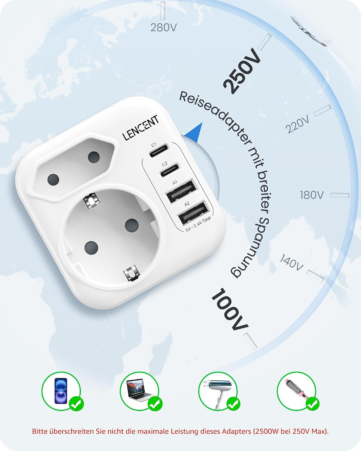 Thumbnail 5 de LENCENT Klappbarer Reiseadapter Typ D 2500W