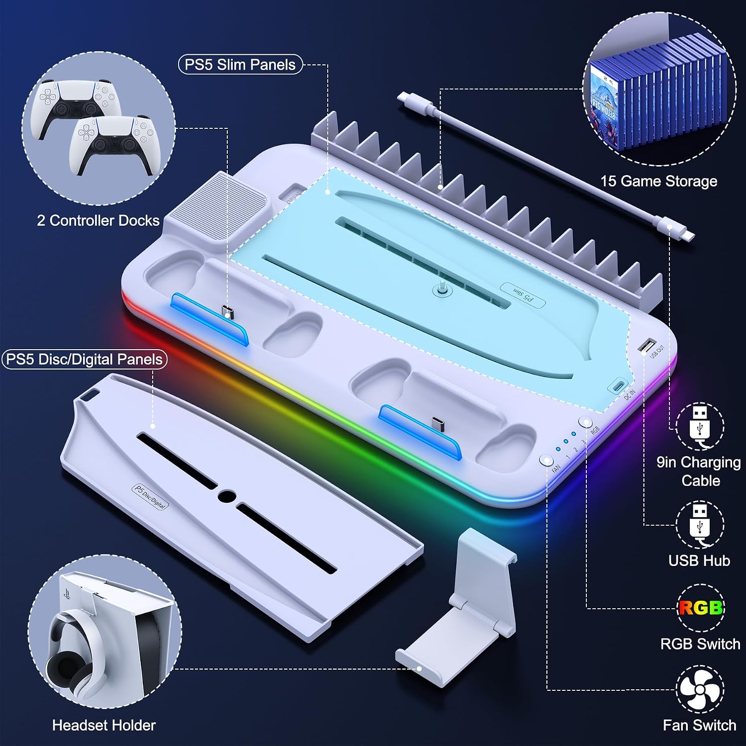 Detalle de HELLCOOL PS5 Slim Stand with Turbo Cooler Fan & RGB Light