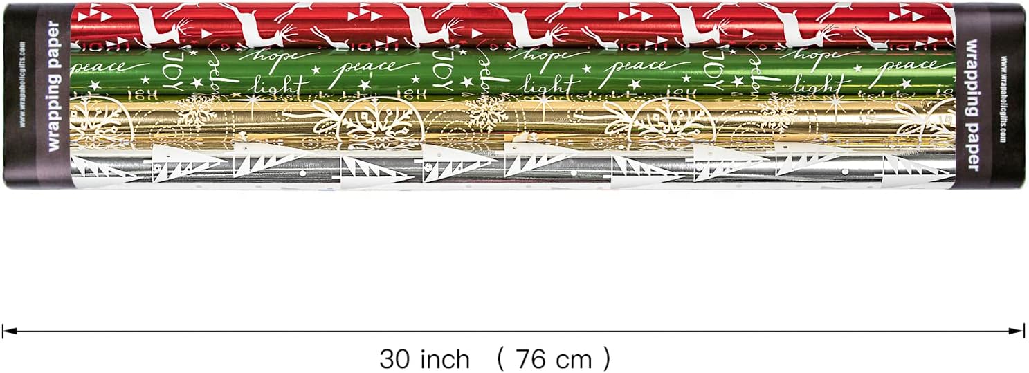 Detalle 2 de WRAPAHOLIC Christmas Wrapping Paper, 4 Foil-Accent Rolls, Red, Green, Gold and Silver