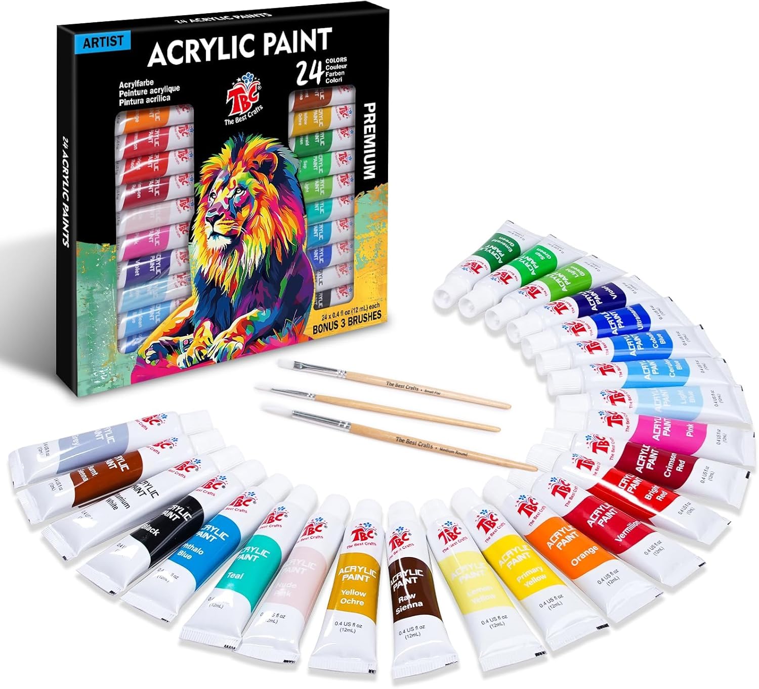 Detalle de 24 couleurs – Peinture acrylique en 24 tubes de 12 ml avec 3 pinceaux, idéal pour artistes et enfants