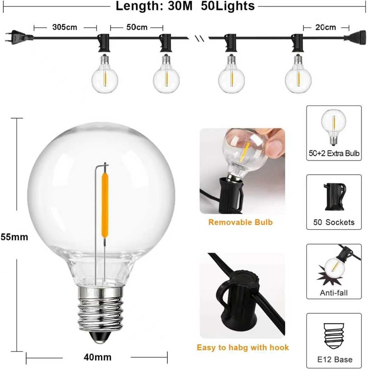 Detalle de Wweixun2020 Lampade a Catena Esterno G40 30 m / 100 ft – 52 LED + 2 di Ricambio, IP44, 2200K