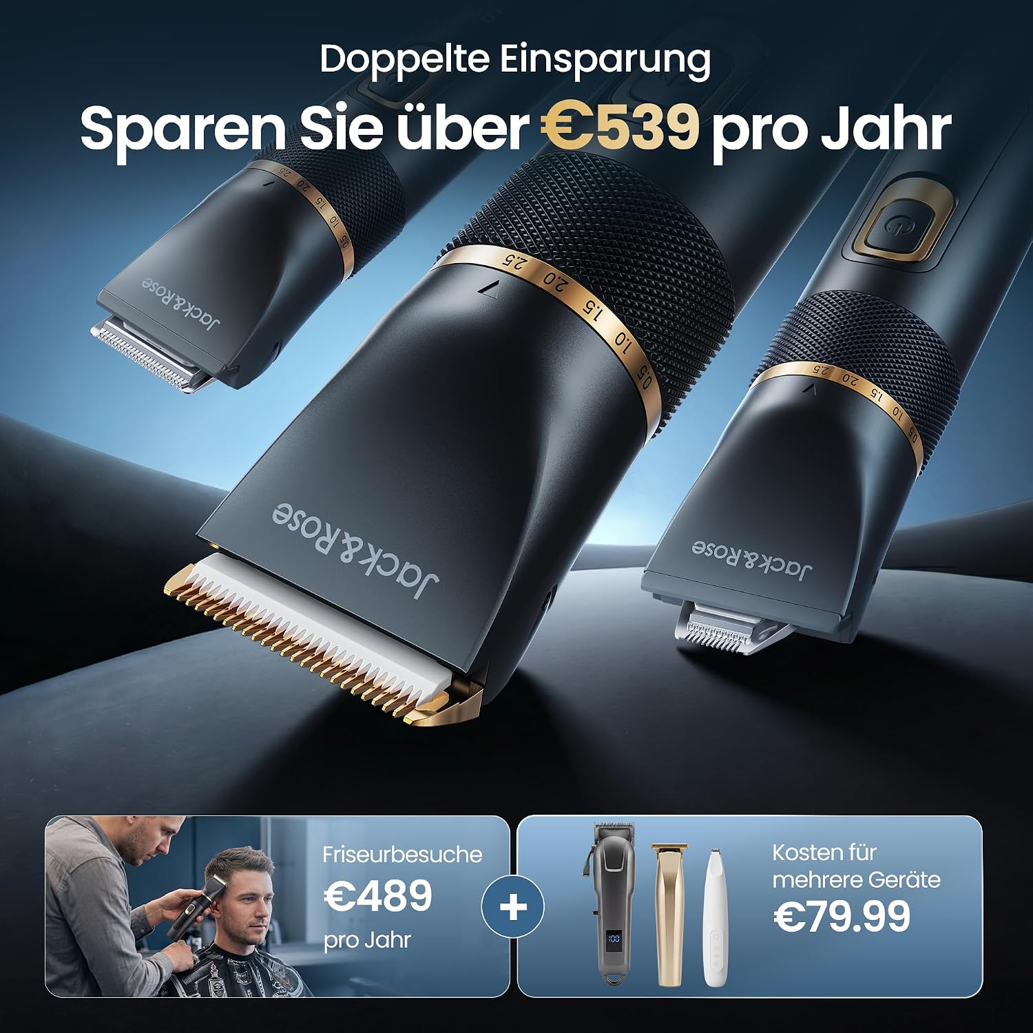 Detalle de Jack&Rose 3-in-1 Haarschneidemaschine Kabellos mit Keramikklinge – Profi-Set für Zuhause