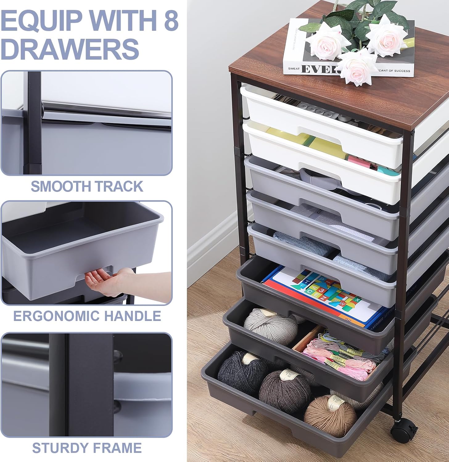 Detalle de SYKIARIOL 1250-5 8-Drawer Rolling Utility Cart with Wooden Top