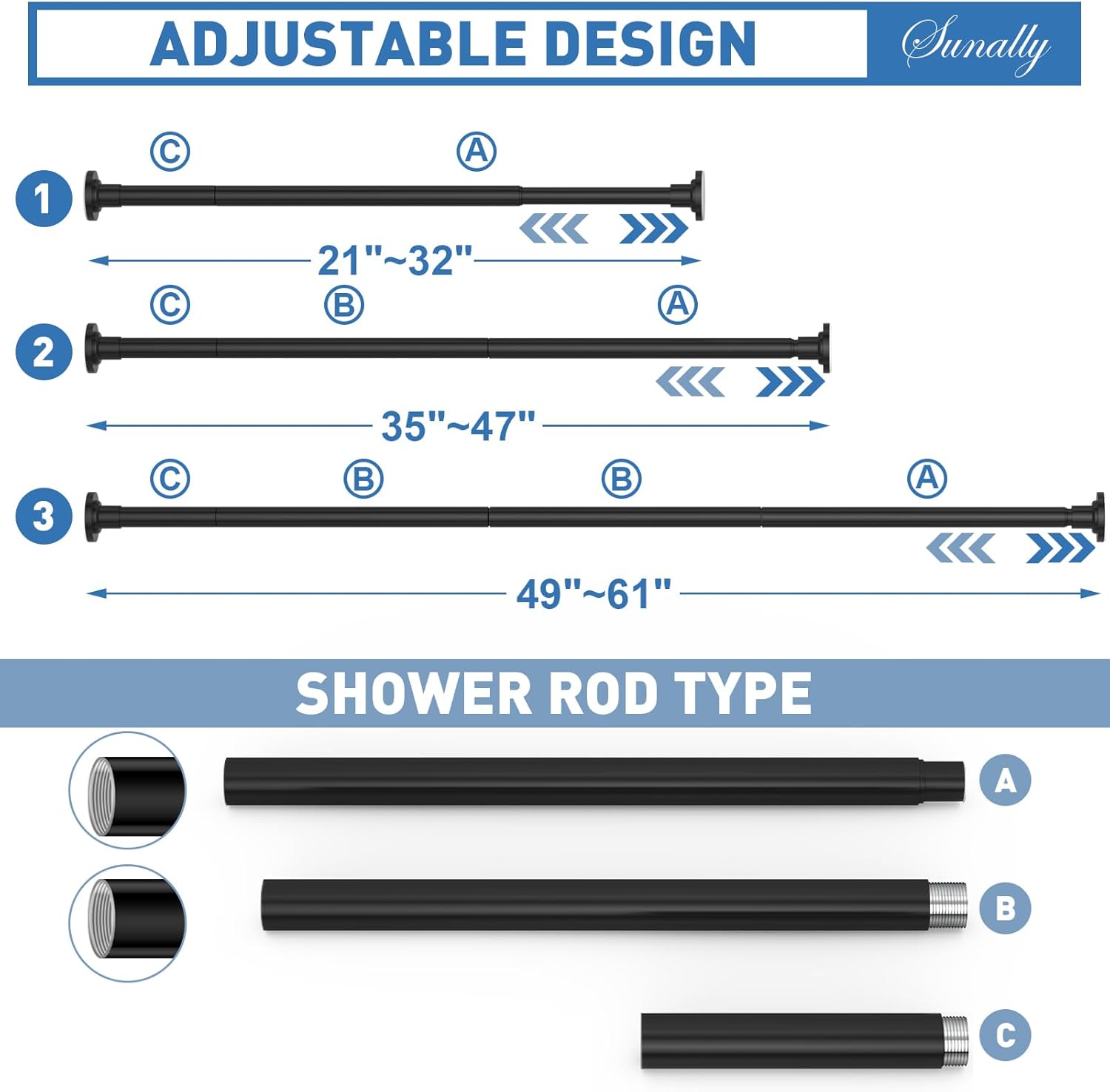 Detalle de SUNALLY Tension Shower Curtain Rod, 32–61 in