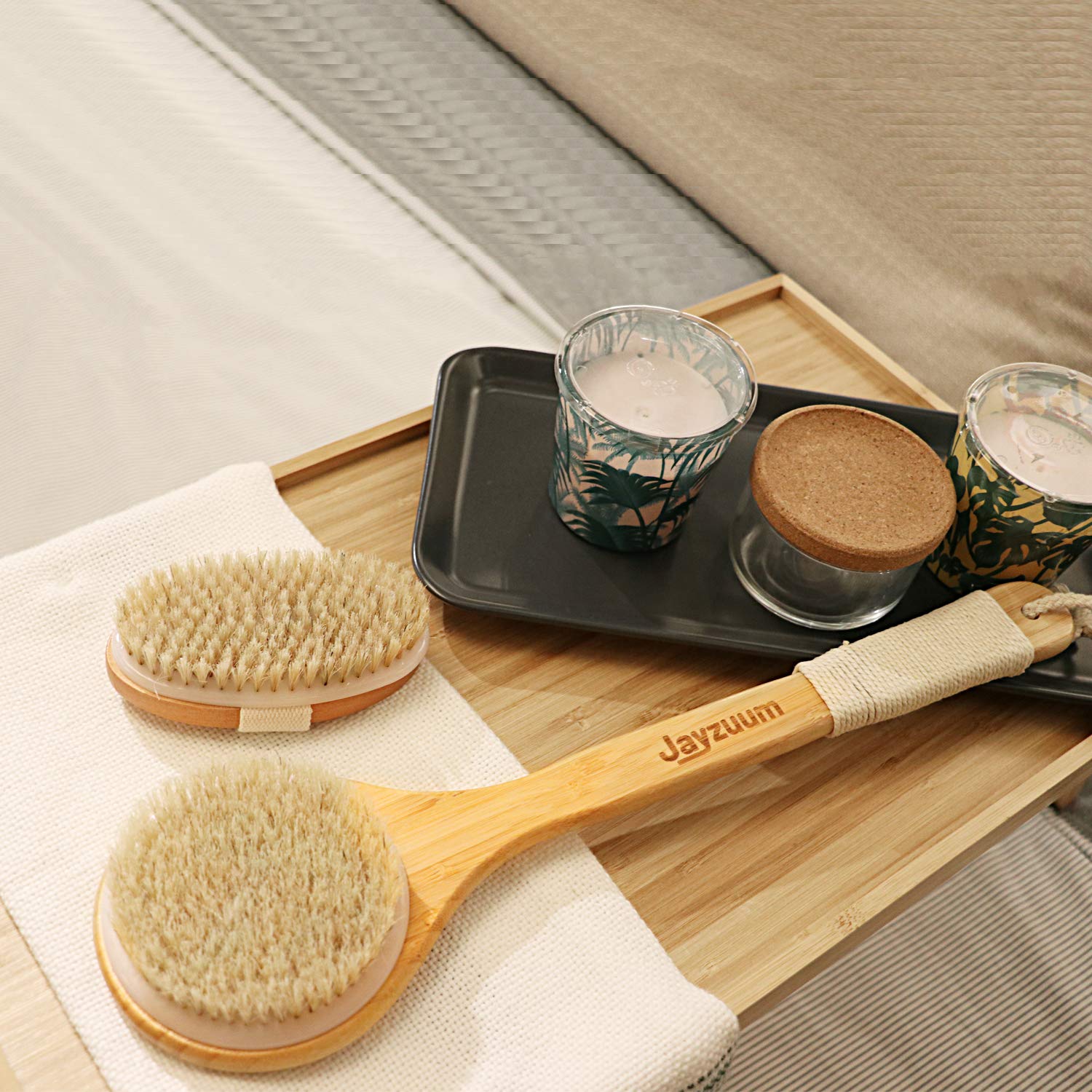 Detalle 2 de Jayzuum 2er-Set Rückenbürste mit langem Stiel – Trockenbürste & Saunabürste für Peeling und Massage