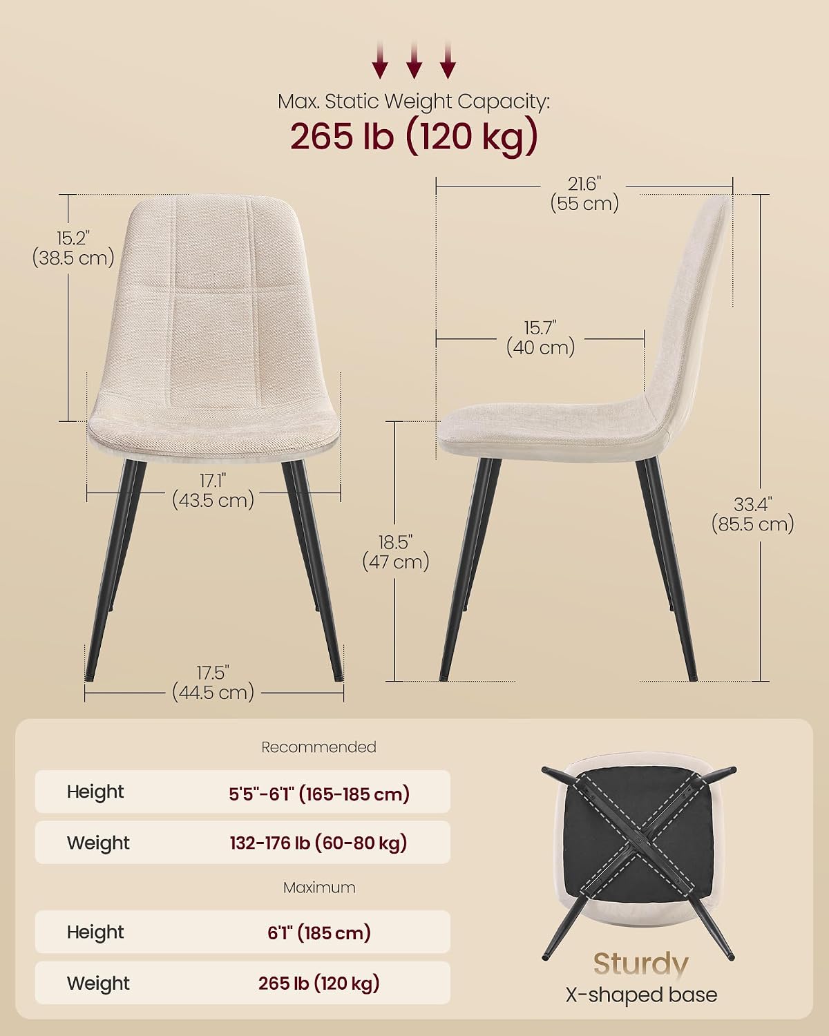 Detalle de VASAGLE UKDC188W01-1 Dining Chairs, Set of 4, Cream White, Steel Frame
