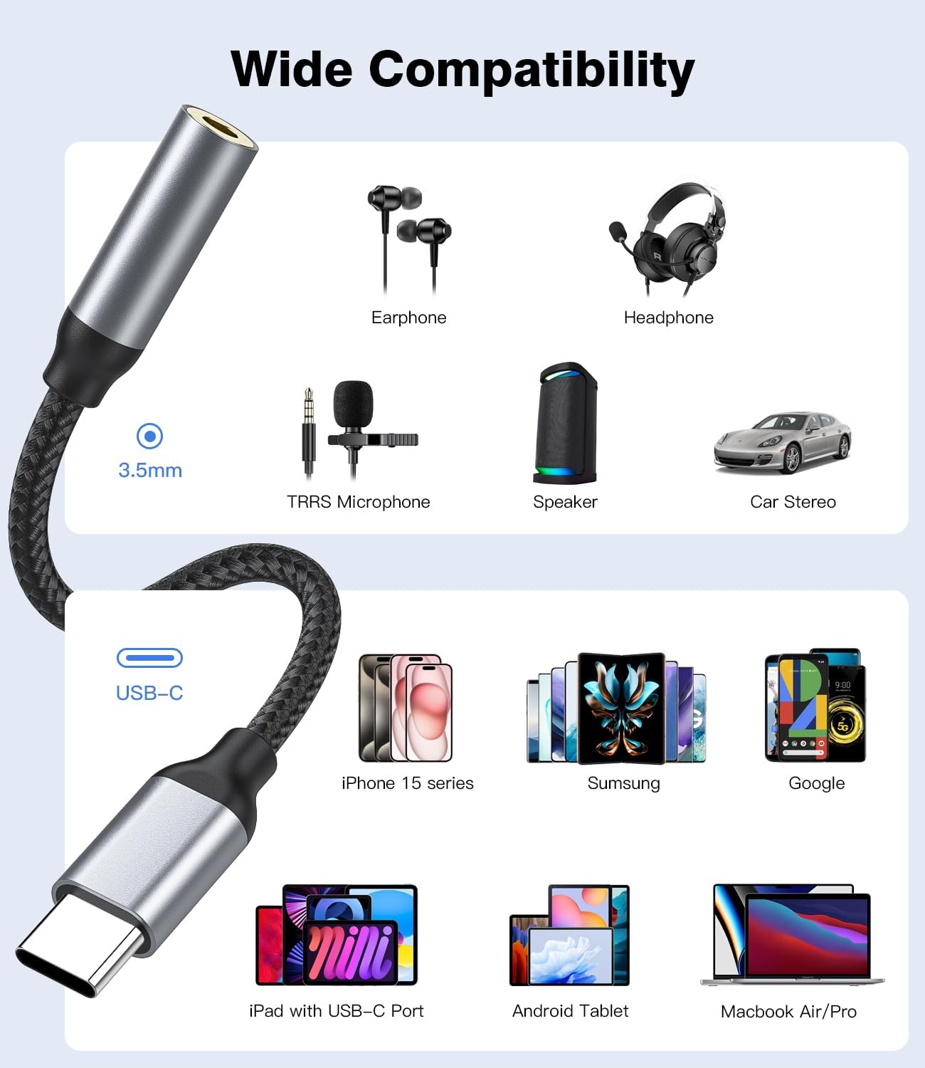 Detalle de YLLZI Adattatore USB C a Jack 3.5 mm: DAC integrato, alluminio robusto e cavo intrecciato per una musica senza compromessi