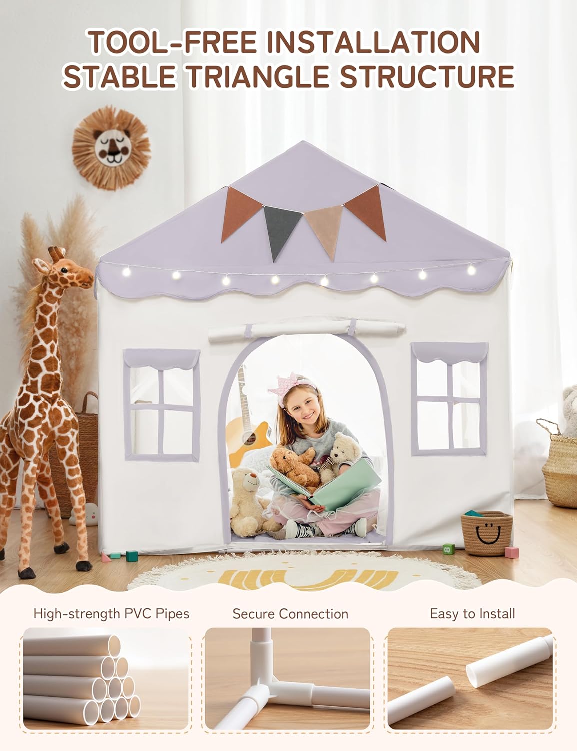 Thumbnail 3 de besrey 2 IN 1 Kinderzelt mit Matte & Lichtern, Indoor-Spielhaus für Mädchen (lila), ab 3 Jahren