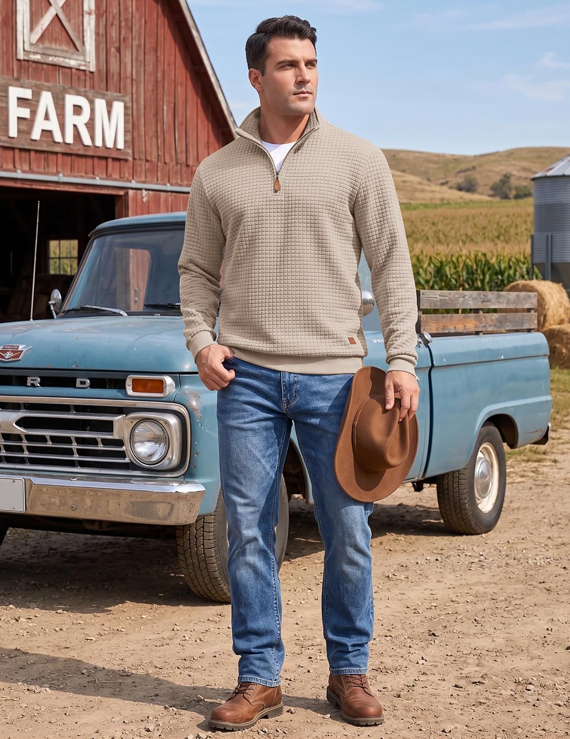 Detalle de COOFANDY Men's Quarter-Zip Pullover, Quilted Fabric