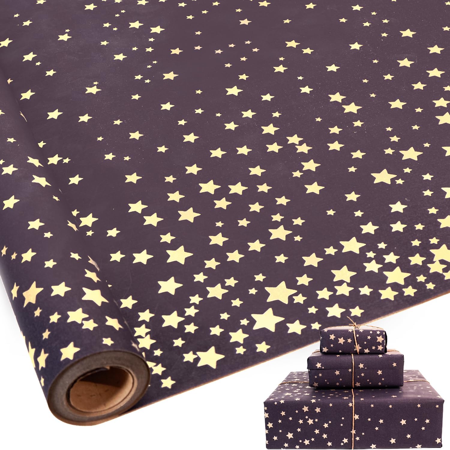 Birthday Wrapping Paper Roll 43cm x 10m (Blue Kraft with Gold Stars)