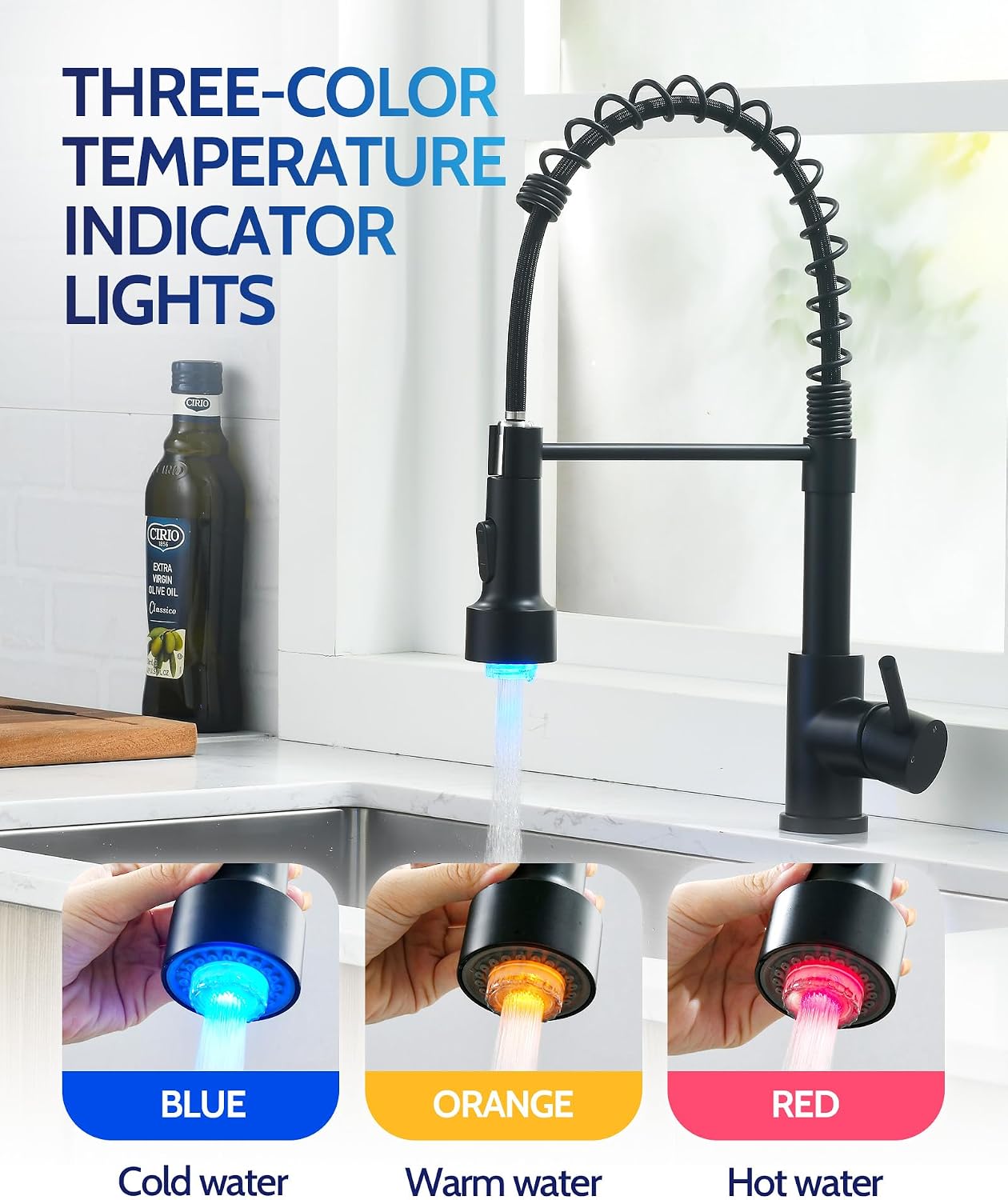 Detalle de LUFEIDRA 07COL Kitchen Faucet, Matte Black LED, High-Arc Dual-Mode Sprayer