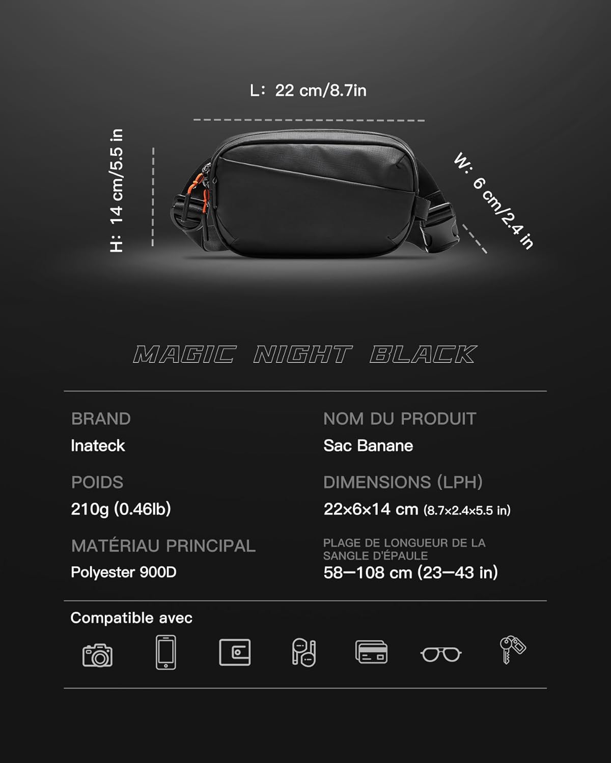 Detalle de Inateck Sac Banane Ville avec Poche RFID – polyvalent et léger pour homme et femme