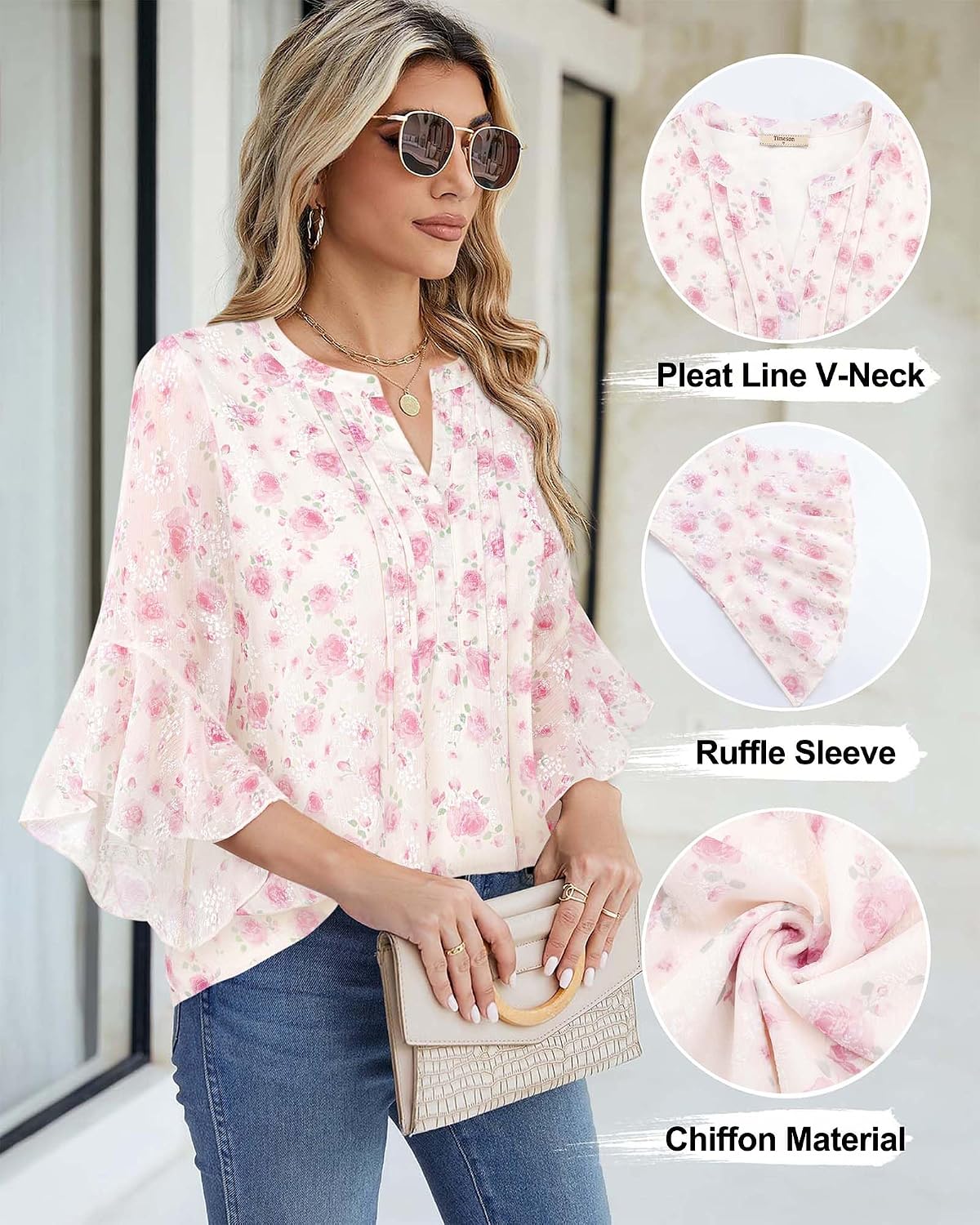 Detalle 2 de Timeson Women’s 3/4 Sleeve Dressy Casual Top with Pleated Henley V-Neck