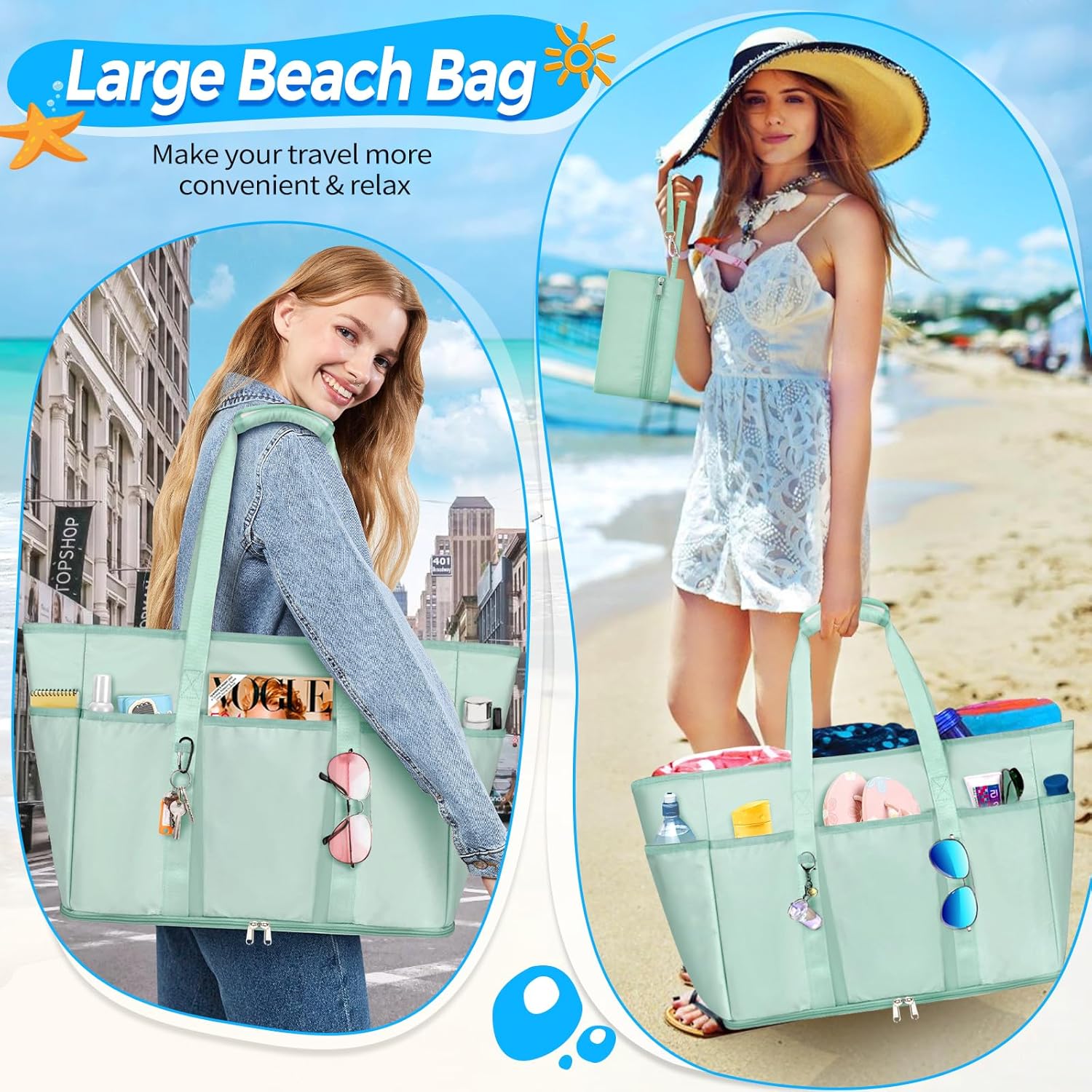 Thumbnail 1 de BTNEEU Grand sac de plage XXL Famille 45L, pliable avec poches et compartiment humide séparé