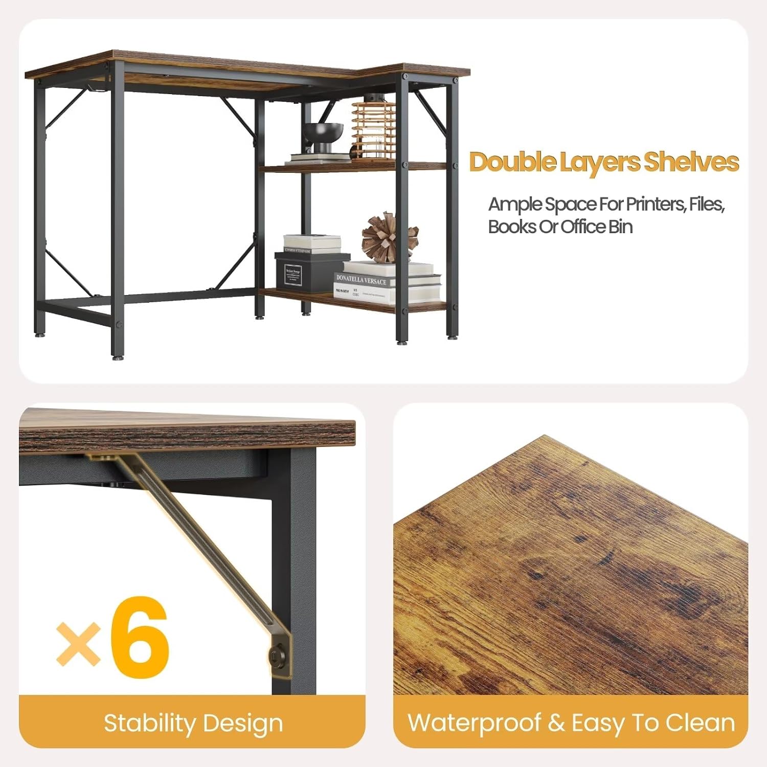 Thumbnail 6 de DOMSHOCT 120 x 70cm Corner L-shaped computer desk with power outlets and reversible storage shelves (Rustic Brown)