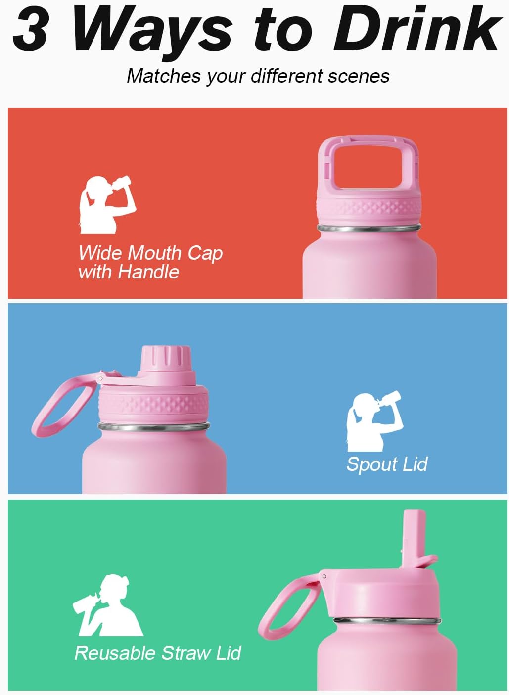 Detalle de Coolflask Long-lasting insulated water bottle, 40 oz, 3 lids, Bubblegum Princess