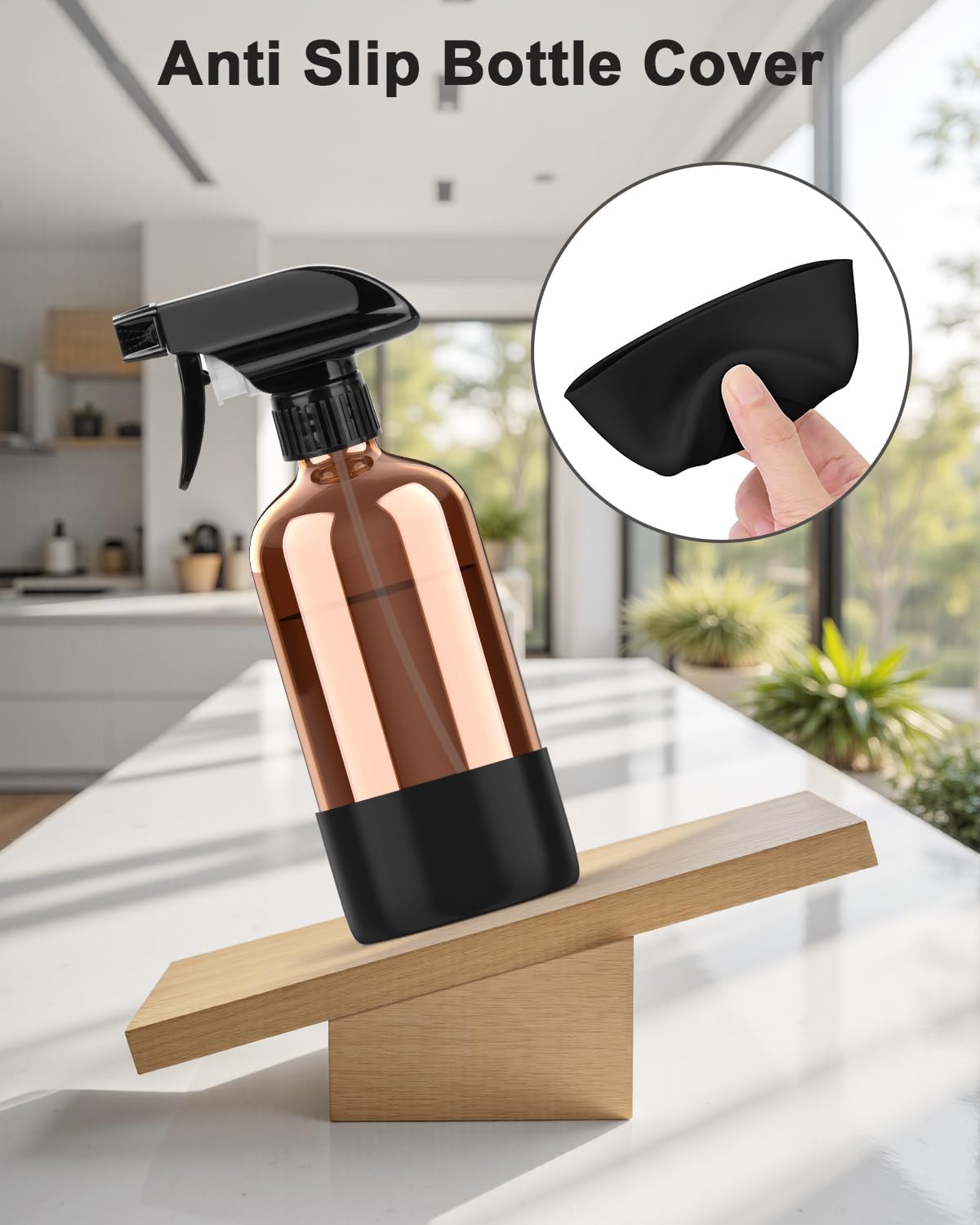 Detalle de Bontip Amber Glass Spray Bottle with Silicone Sleeve (16 oz) – Leak-Proof, Refillable, UV-Protected