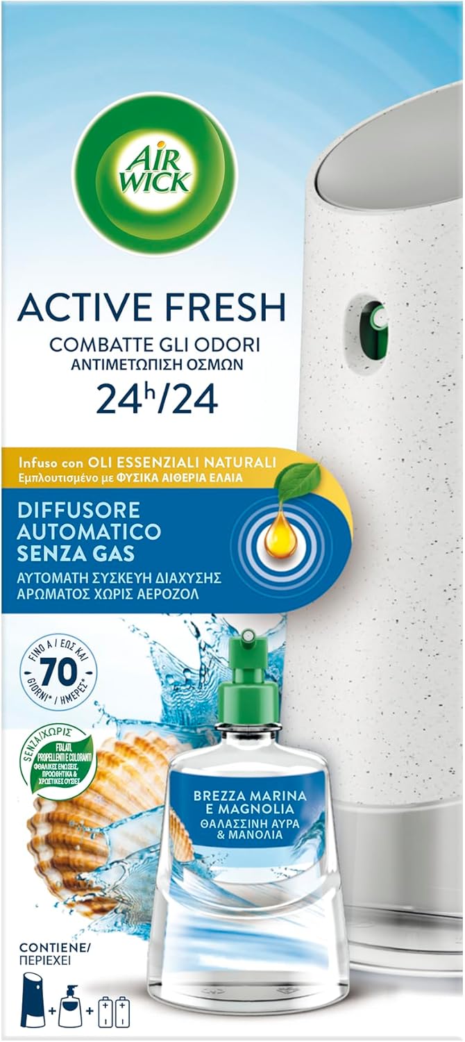 Airwick Active Fresh Deodorante per Ambienti – Diffusore automatico senza gas con ricarica Brezza Marina e Magnolia (228 ml)
