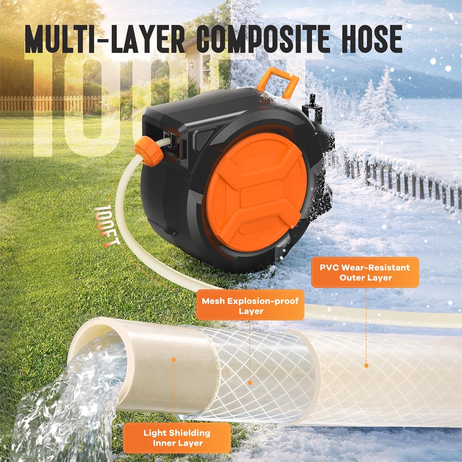 Thumbnail 4 de Garden Hose Reel 2-in-1 Wall Mounted Portable Auto Rewind Hose Reel with 180° Swivel Bracket, Any Length Lock & 9-Pattern Nozzle (1/2in 30+2m)