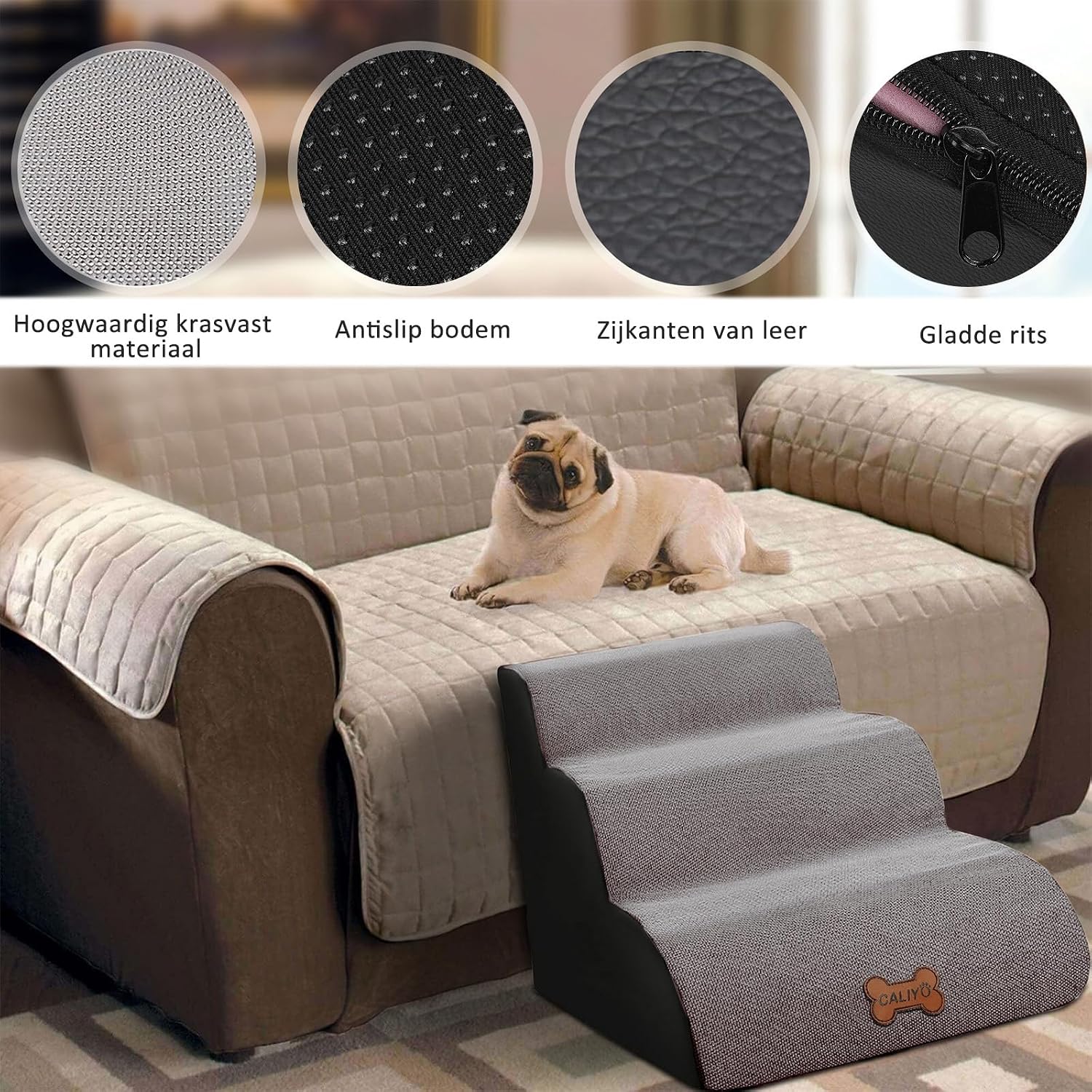 Detalle de CALIYO Hundetreppe 3 Stufen – rutschfeste, waschbare Haustiertreppe für kleine Hunde und Katzen (60×40×40 cm)
