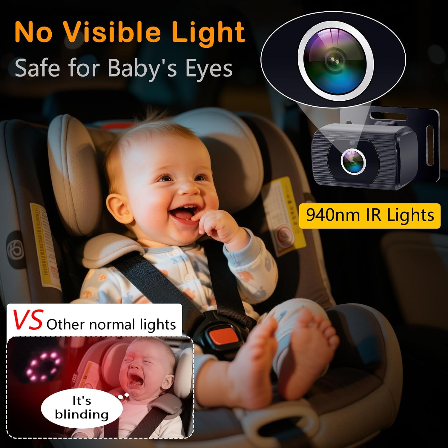 Detalle de Rohent Baby Car Camera HD 1080P for Backseat (USB plug-and-play, 4.3-inch monitor) with night vision