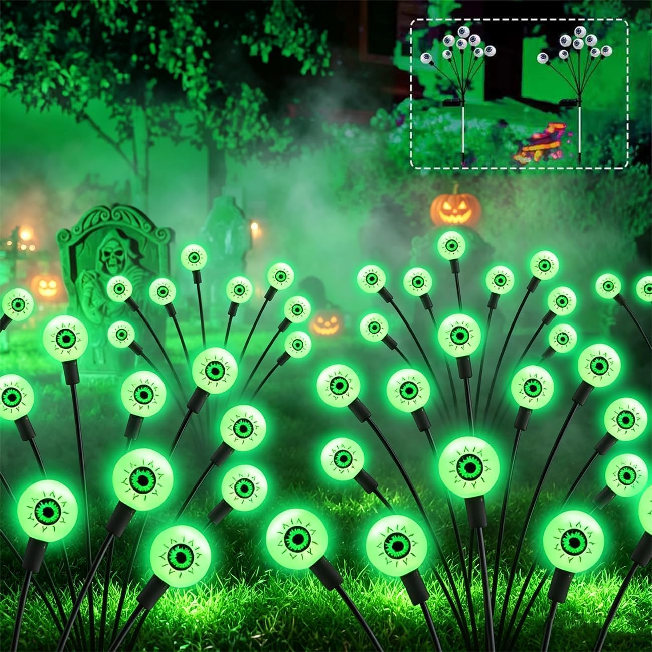 Detalle de KBG Solar Scary Eyeball Lights, 2-Pack Green Halloween Decor, 16 LEDs