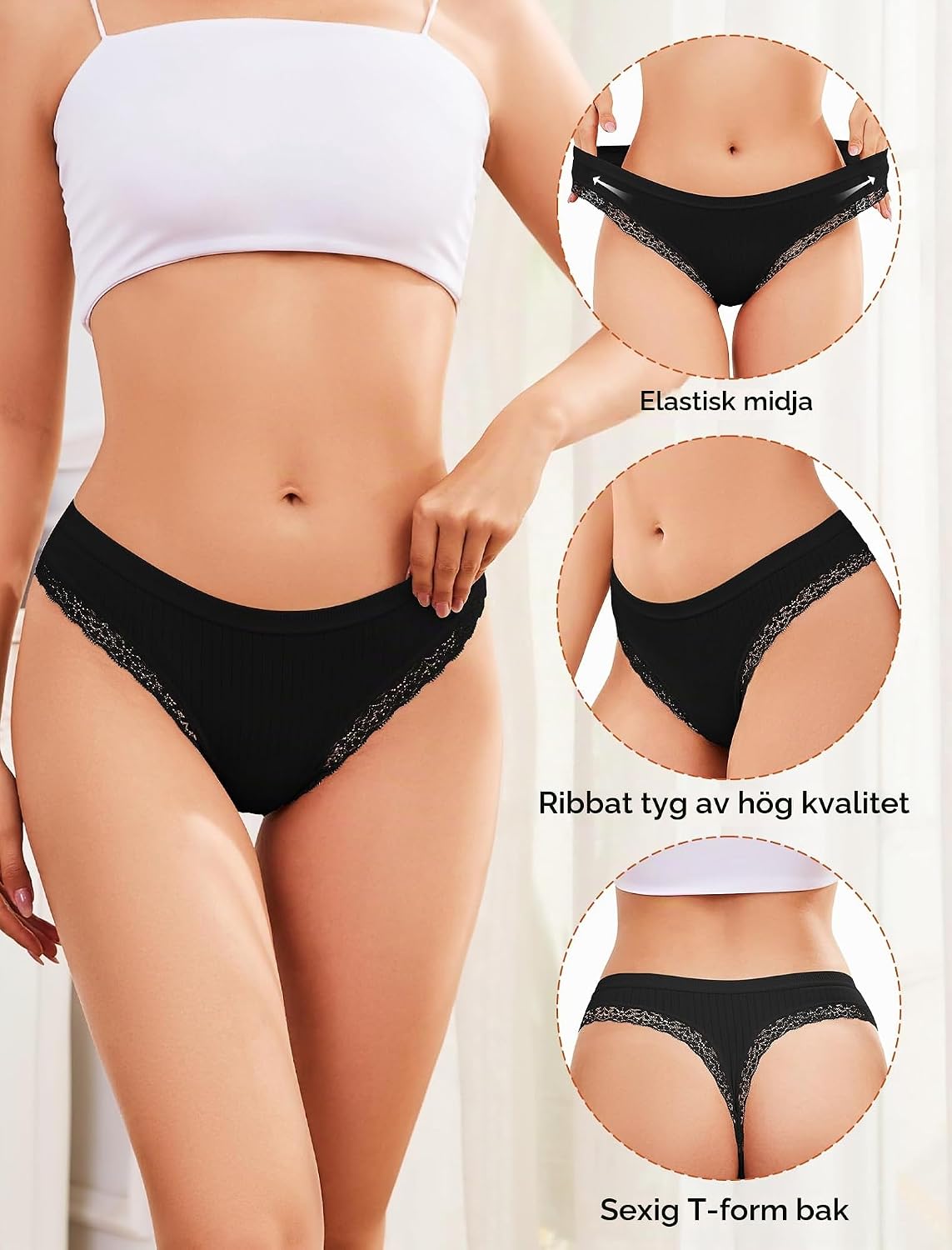 Detalle de ANSUKOO stringtrosor i bomull, 6-pack med låg midja och sömlös tanga