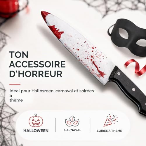 Detalle de FASCHINFEVER Faux couteau d’Halloween, 34 cm, plastique léger et lame effet sang