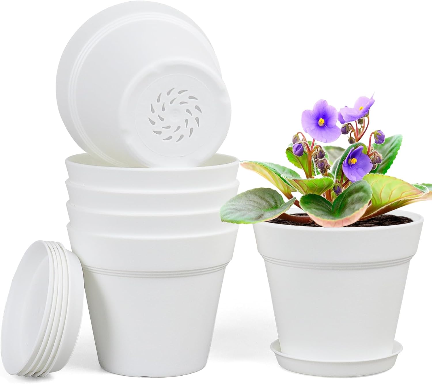 Detalle de Homeuouz 8er-Set Blumentöpfe mit Untersetzer, 10 cm – Kunststoff, UV-beständig & wetterfest, Weiß