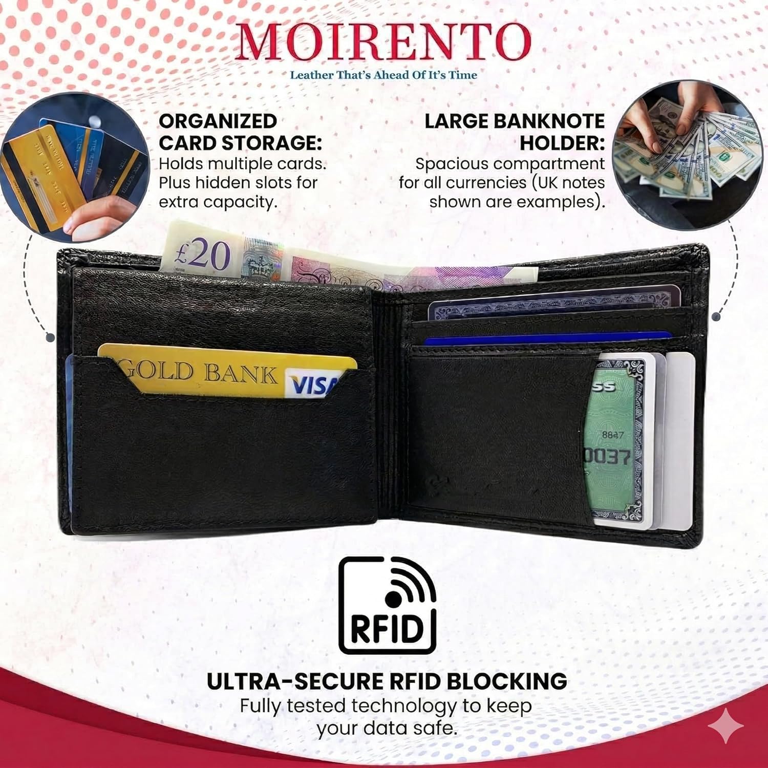 Detalle de MOIRENTO Mens Black Leather Passcase Wallet - RFID Blocking Card Holder with Flip-Up ID Window