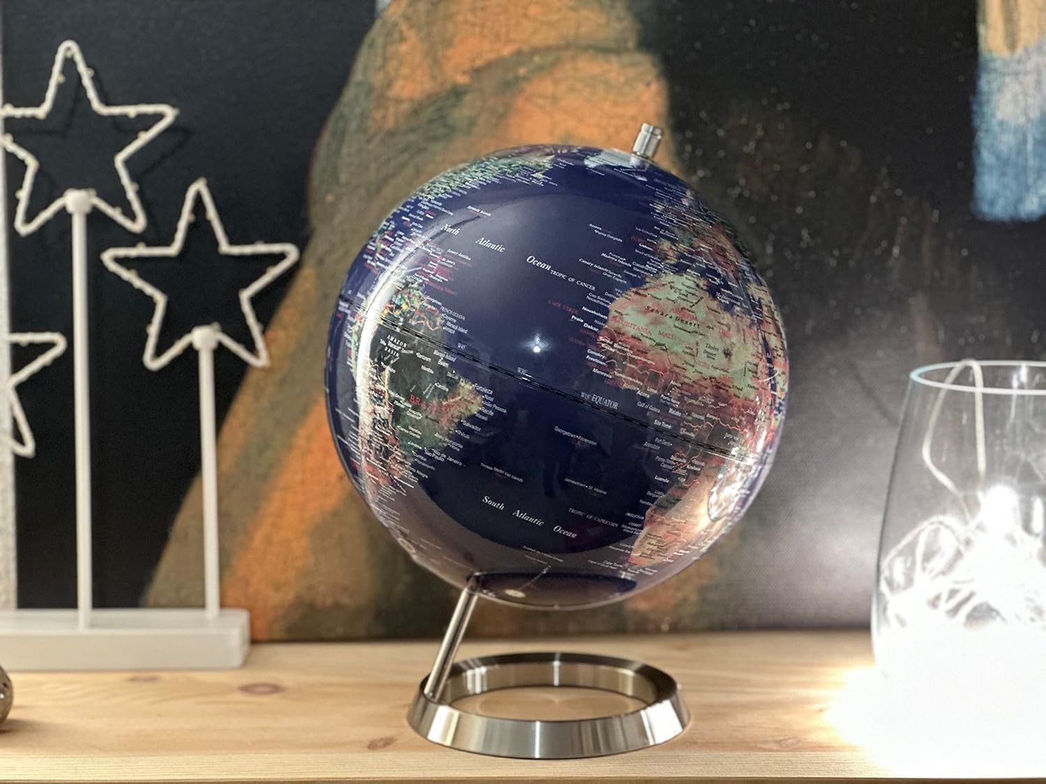 Detalle de Exerz MT wereldbol van 25 cm met roestvrijstalen voet, marineblauw metallic