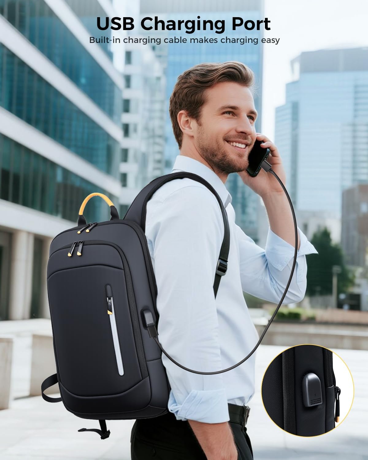 Detalle 1 de Lekespring laptop backpack for men (15.6 inch) with USB charging port, expandable water-resistant rucksack – black