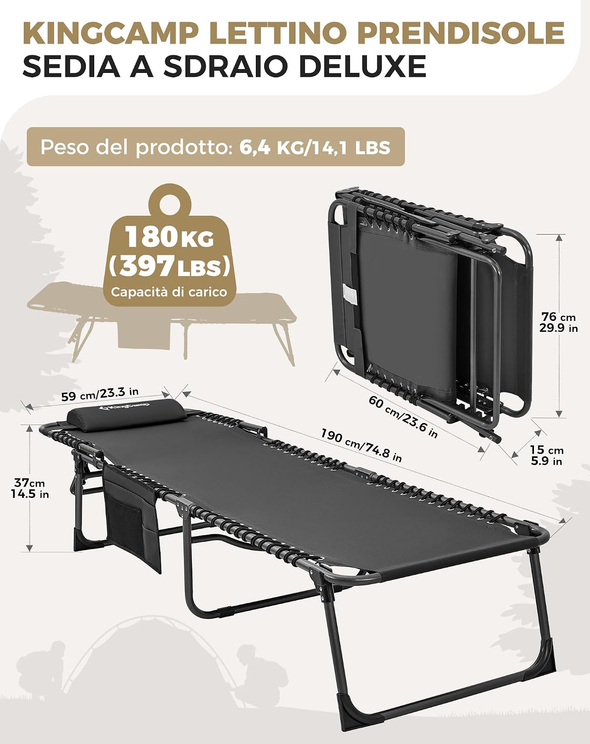 Detalle de KingCamp Set di 2 lettini prendisole pieghevoli con cuscini e tasche, lettini da giardino pieghevoli per spiaggia e giardino, capacità 180 kg