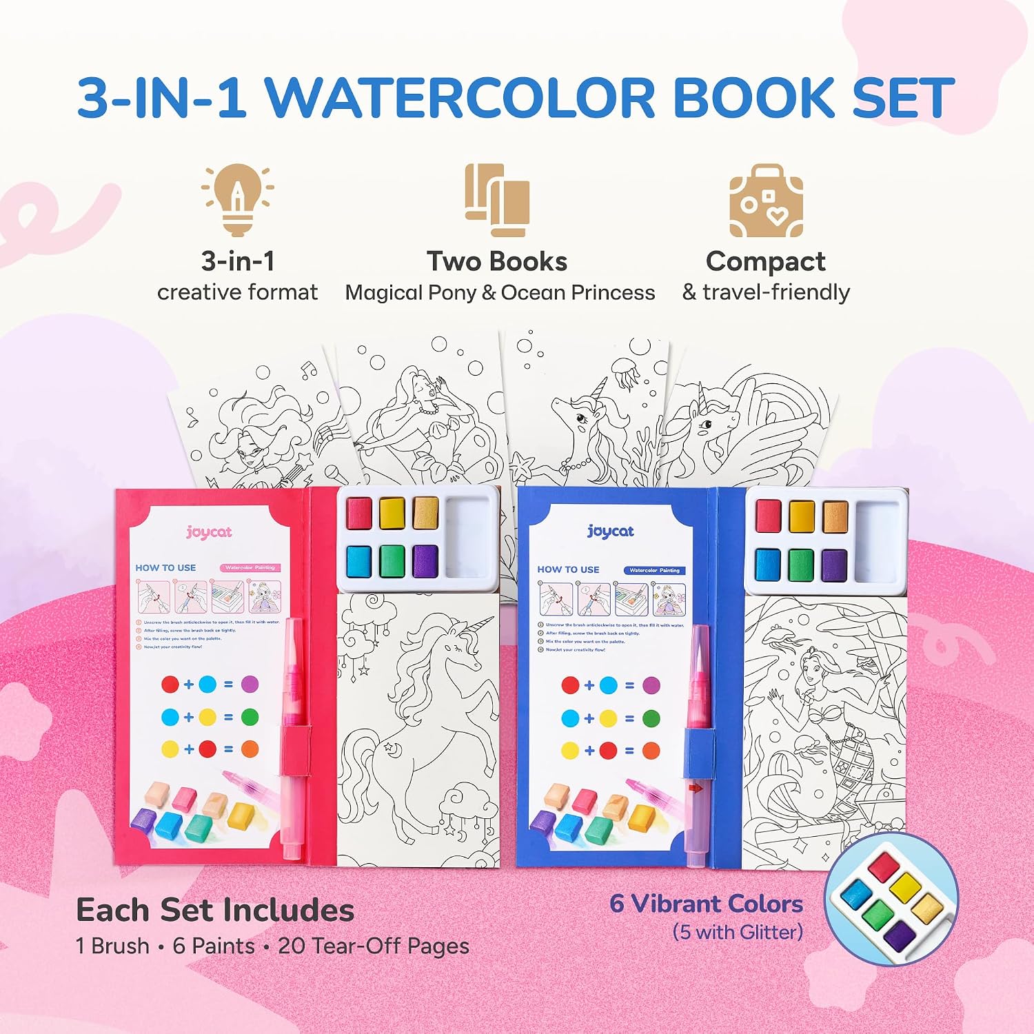 Detalle de JoyCat 2 Pack Pocket Paint with Water Coloring Books for Kids (Magical Pony & Ocean Princess) – On-the-go Art Set