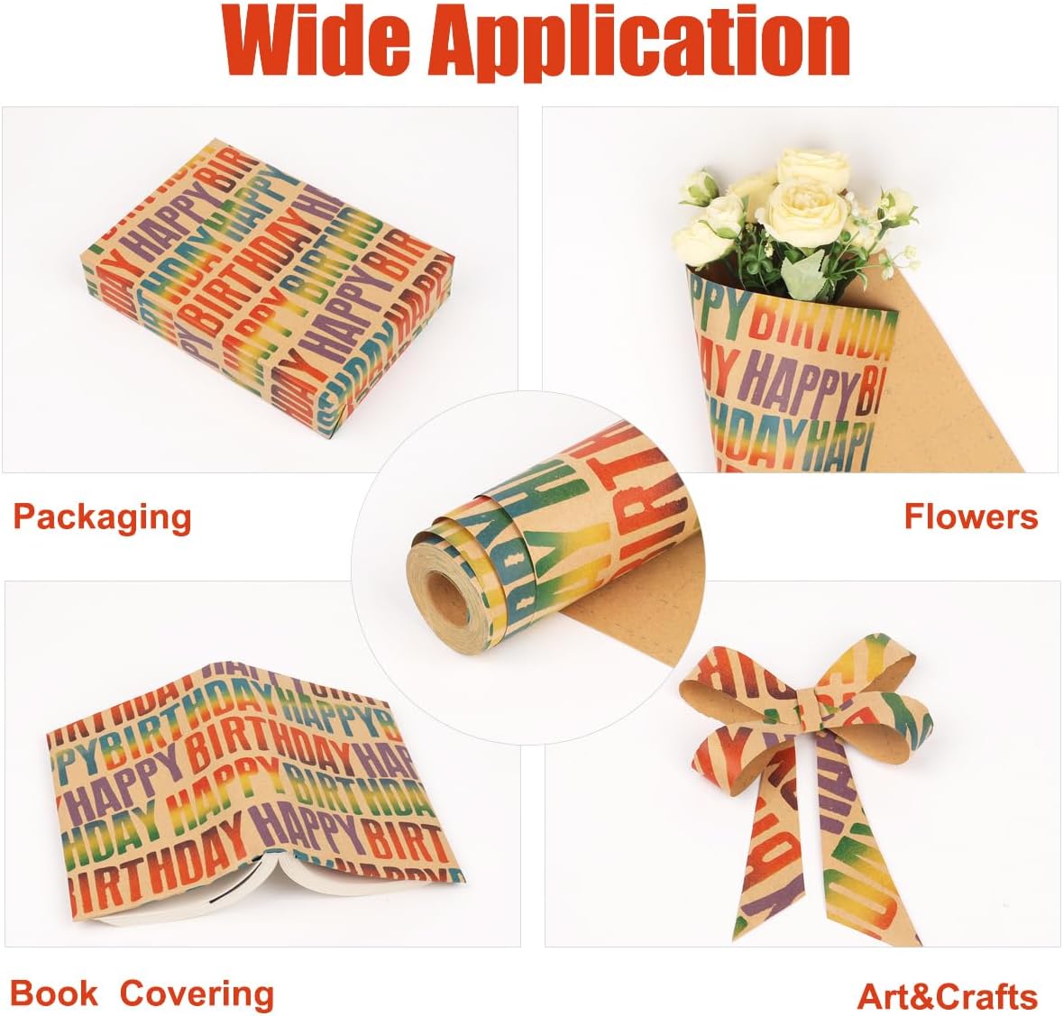 Detalle de Birthday Wrapping Paper Roll, 15m – Colourful Happy Birthday Kraft Gift Wrap