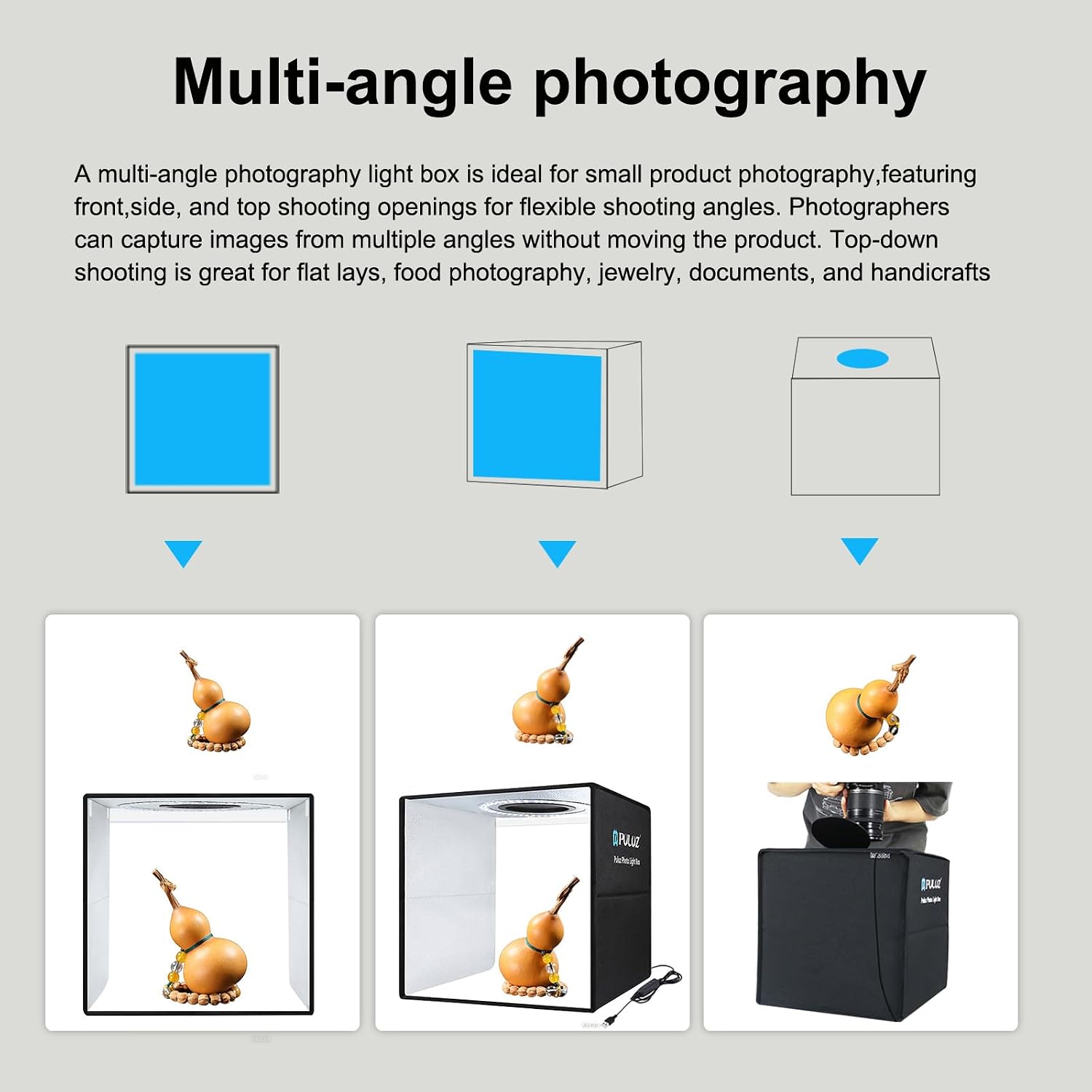 Thumbnail 6 de PULUZ 30 cm Fotostudio Lichtzelt (Fotobox) mit 112 dimmbaren LED & 6 Hintergründen – für Produktfotos