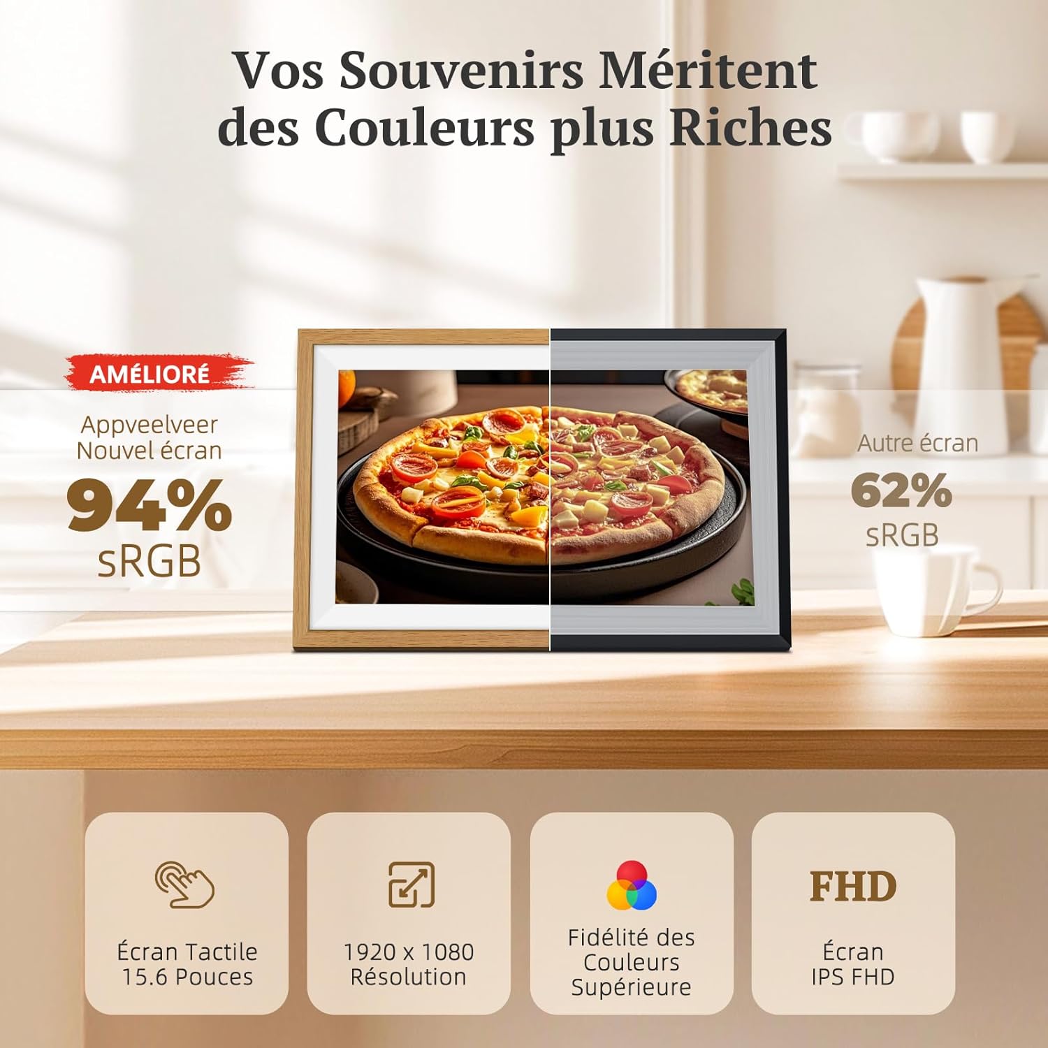 Detalle 2 de Apveelveer Frameo Cadre photo numérique WiFi 15,6 pouces 94% sRGB, 32 Go, tactile IPS (chêne)