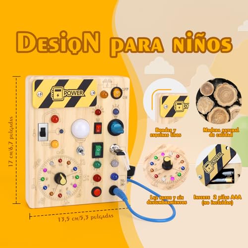 Detalle de Hoarosall Busy Board: Tablero de Actividades Montessori de Madera con 10 Interruptores y 23 LEDs