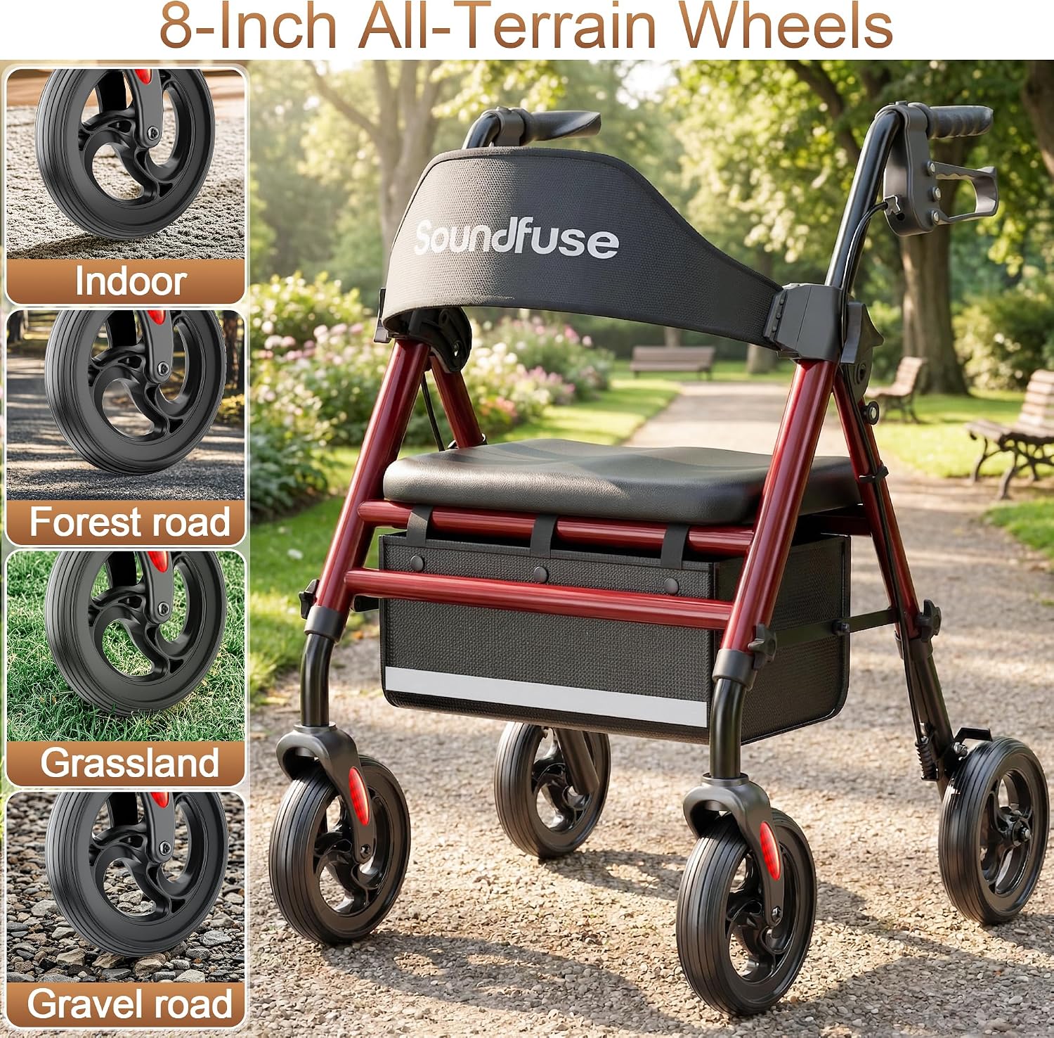 Detalle 2 de SOUNDFUSE UR2 Rollator Walker with Padded Seat and 8-Inch Wheels